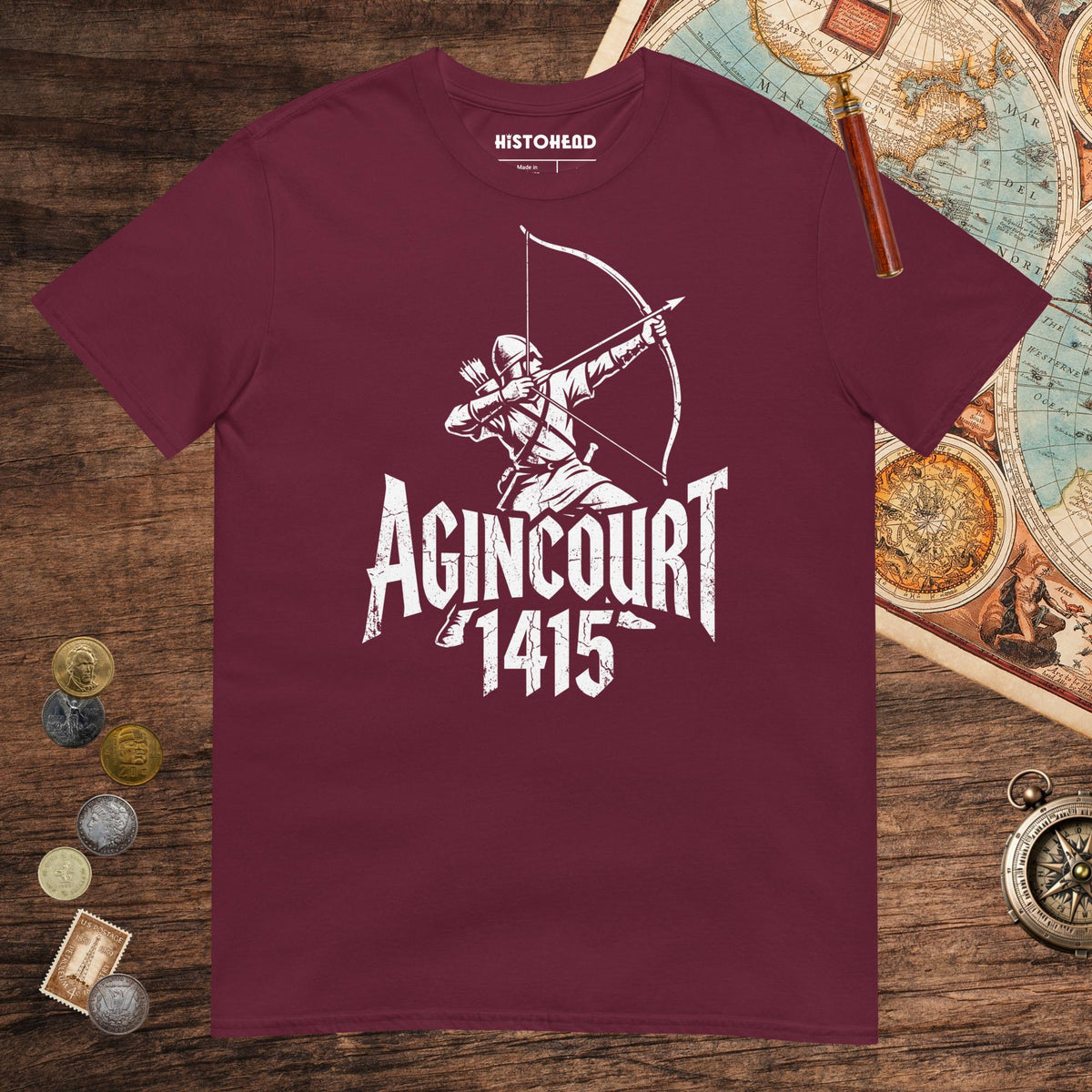 Maroon Agincourt 1415 Longbowman Tee - history buff gift by HistoHead