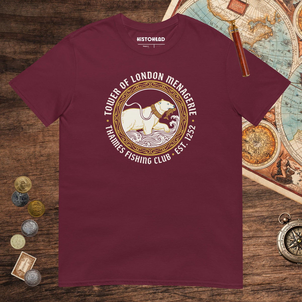 Maroon Tower Of London Menagerie Thames Fishing Club Tee - history buff gift by HistoHead