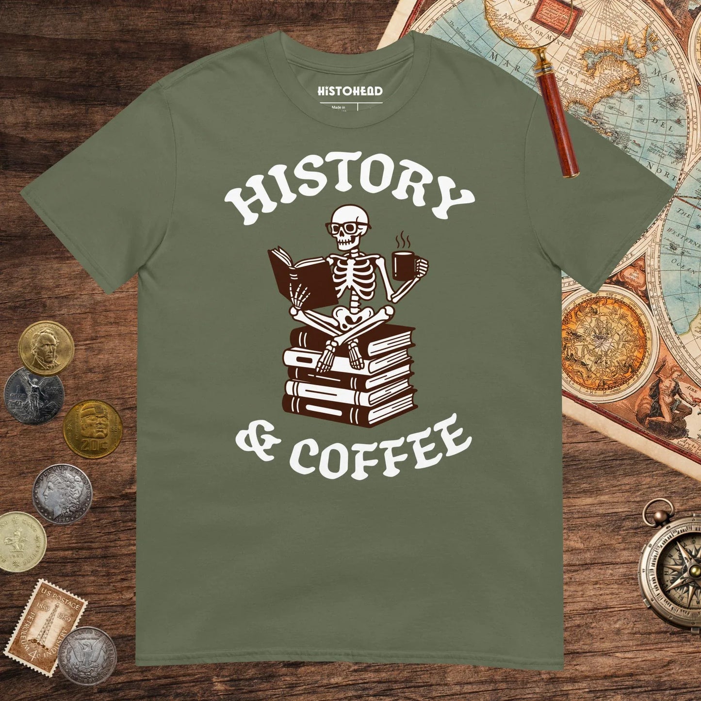 Military Green History & Coffee Tee - history buff gift by HistoHead