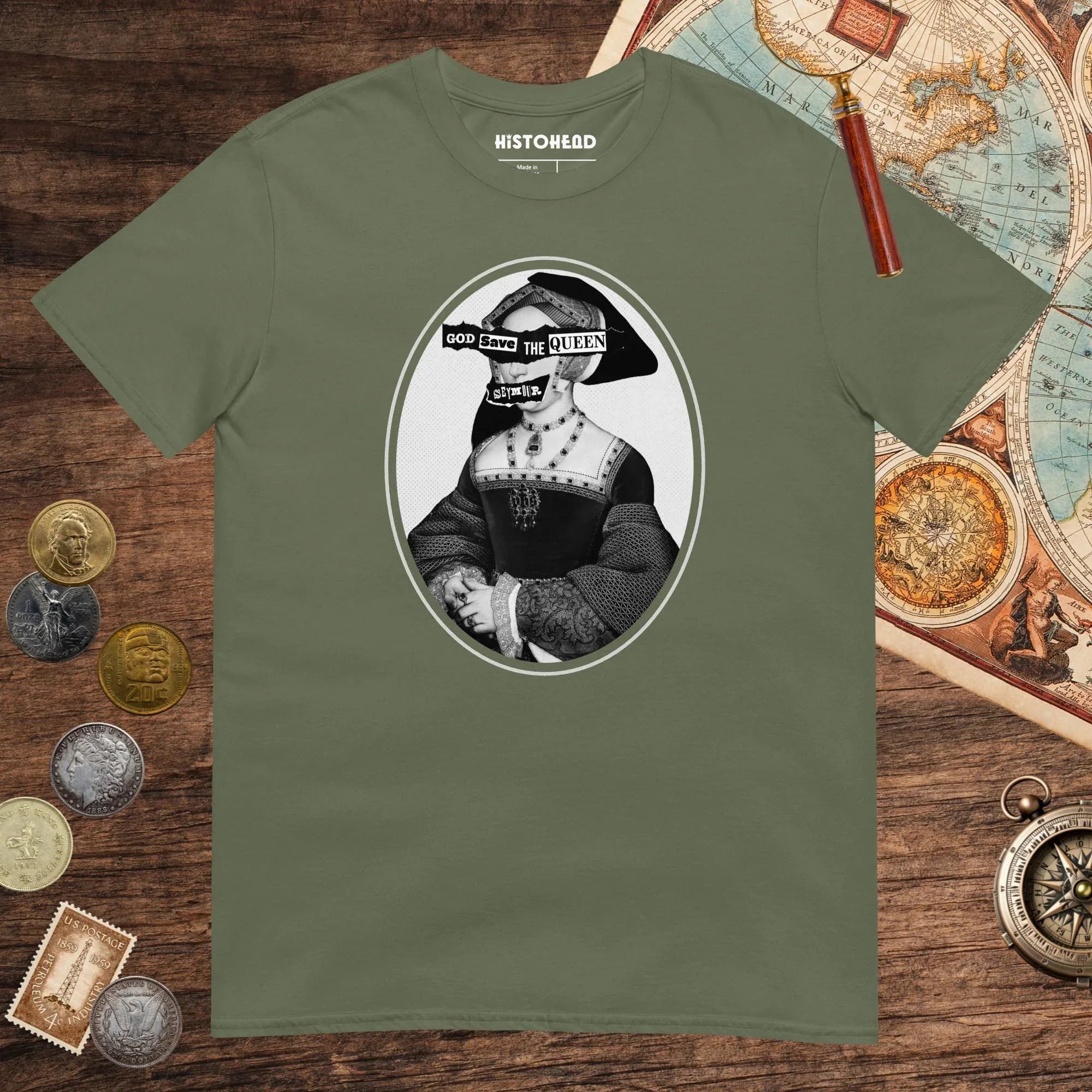 Military Green God Save the Queen Jane Seymour Tee - history buff gift by HistoHead