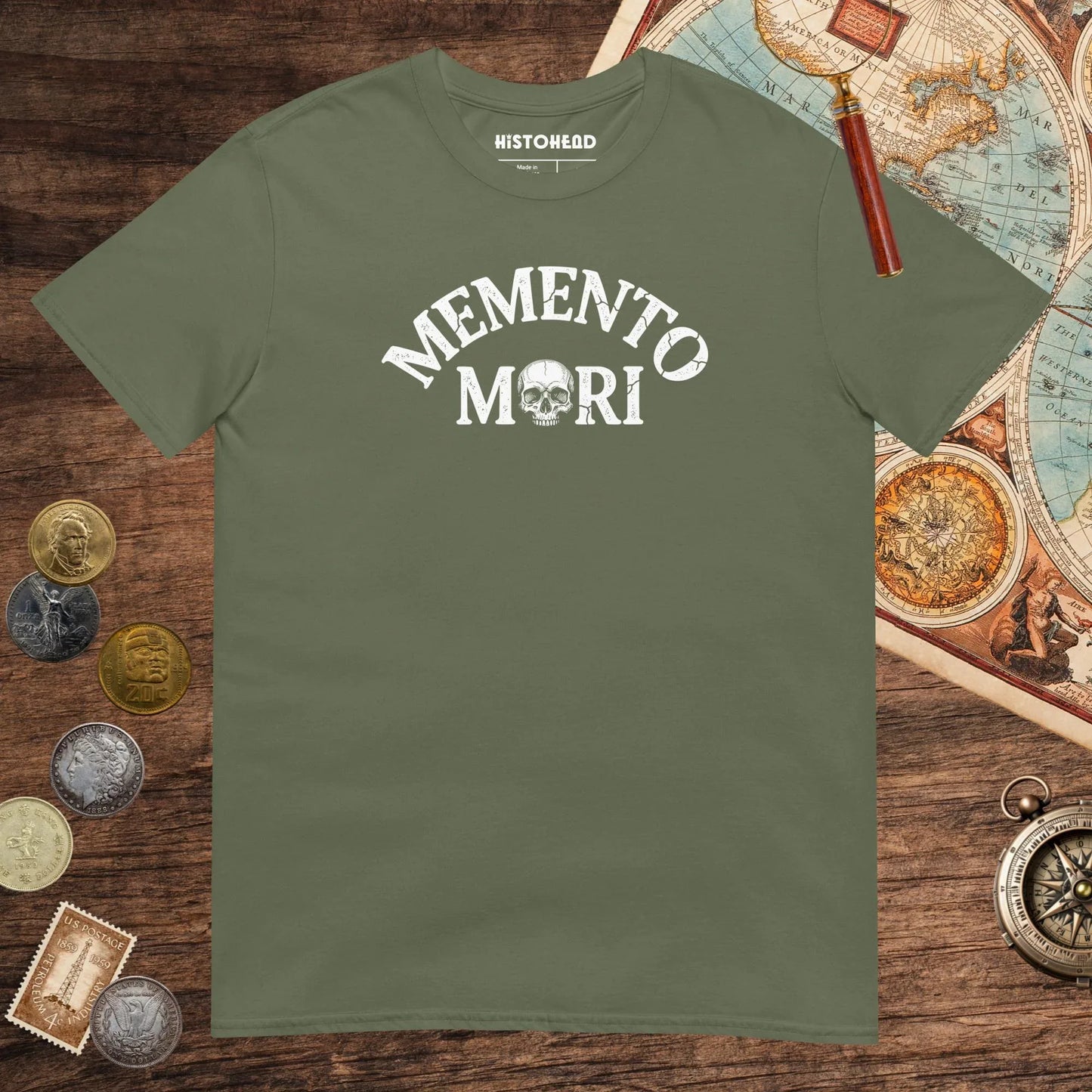 Military Green Memento Mori Tee - history buff gift by HistoHead