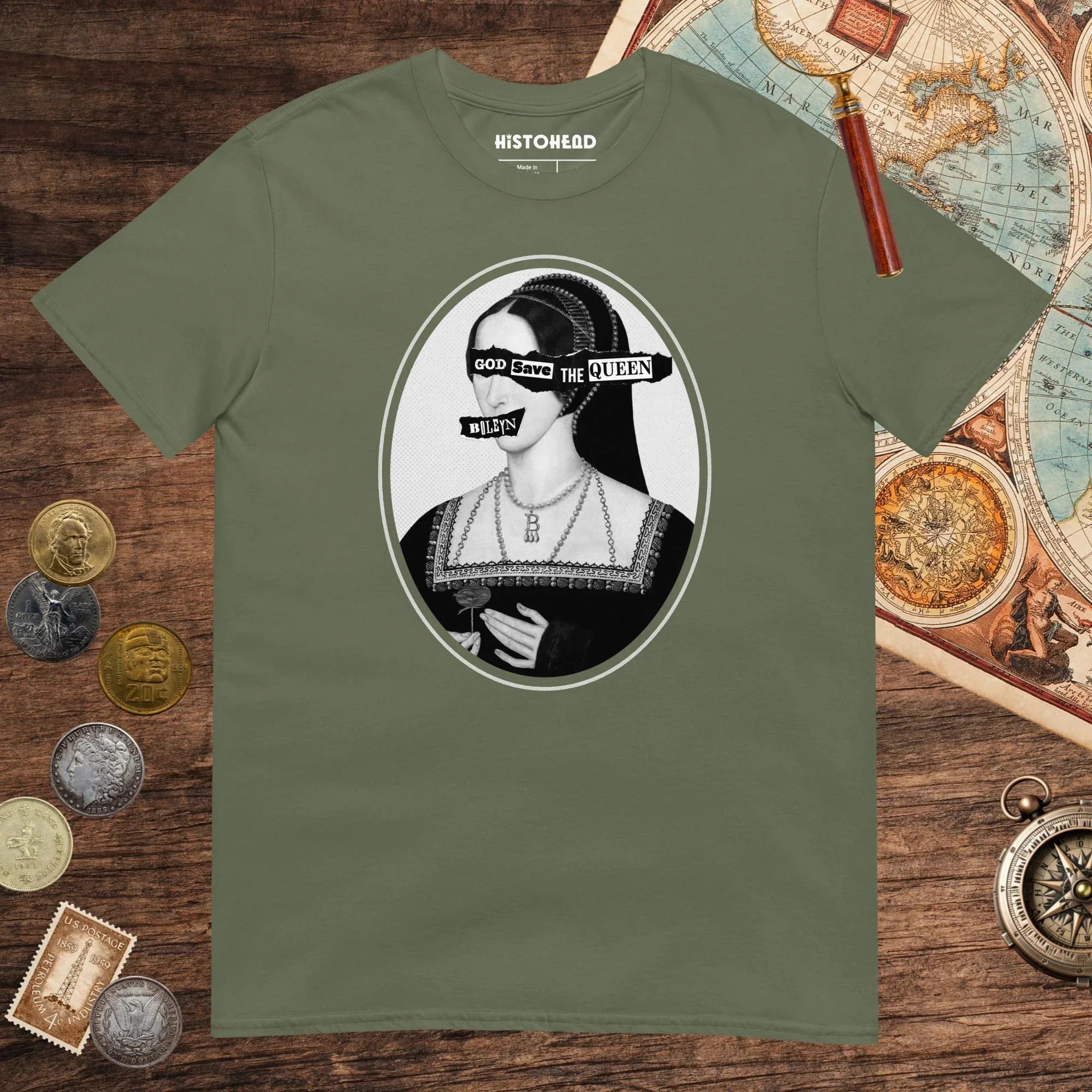 Military Green God Save the Queen Anne Boleyn Tee - history buff gift by HistoHead