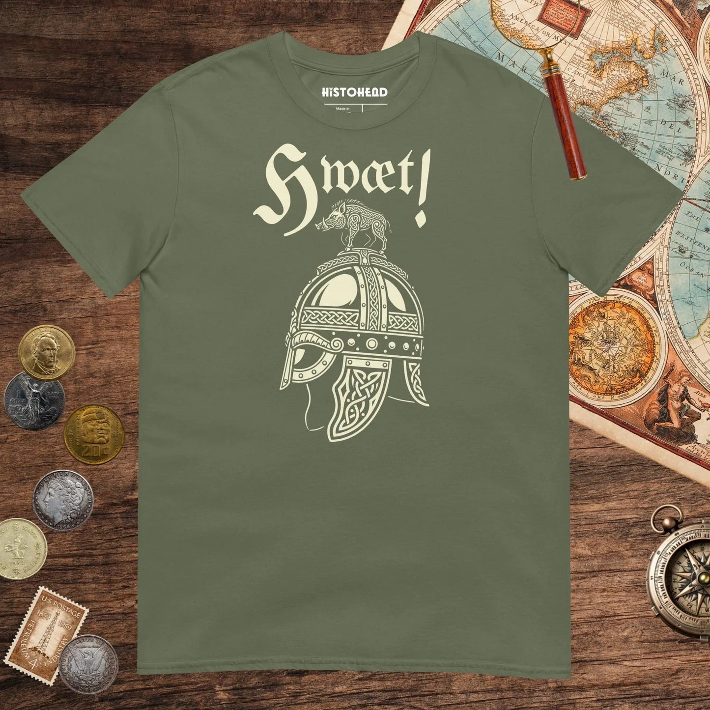Military Green Hwæt Boar-Crested Helmet Tee - history buff gift by HistoHead