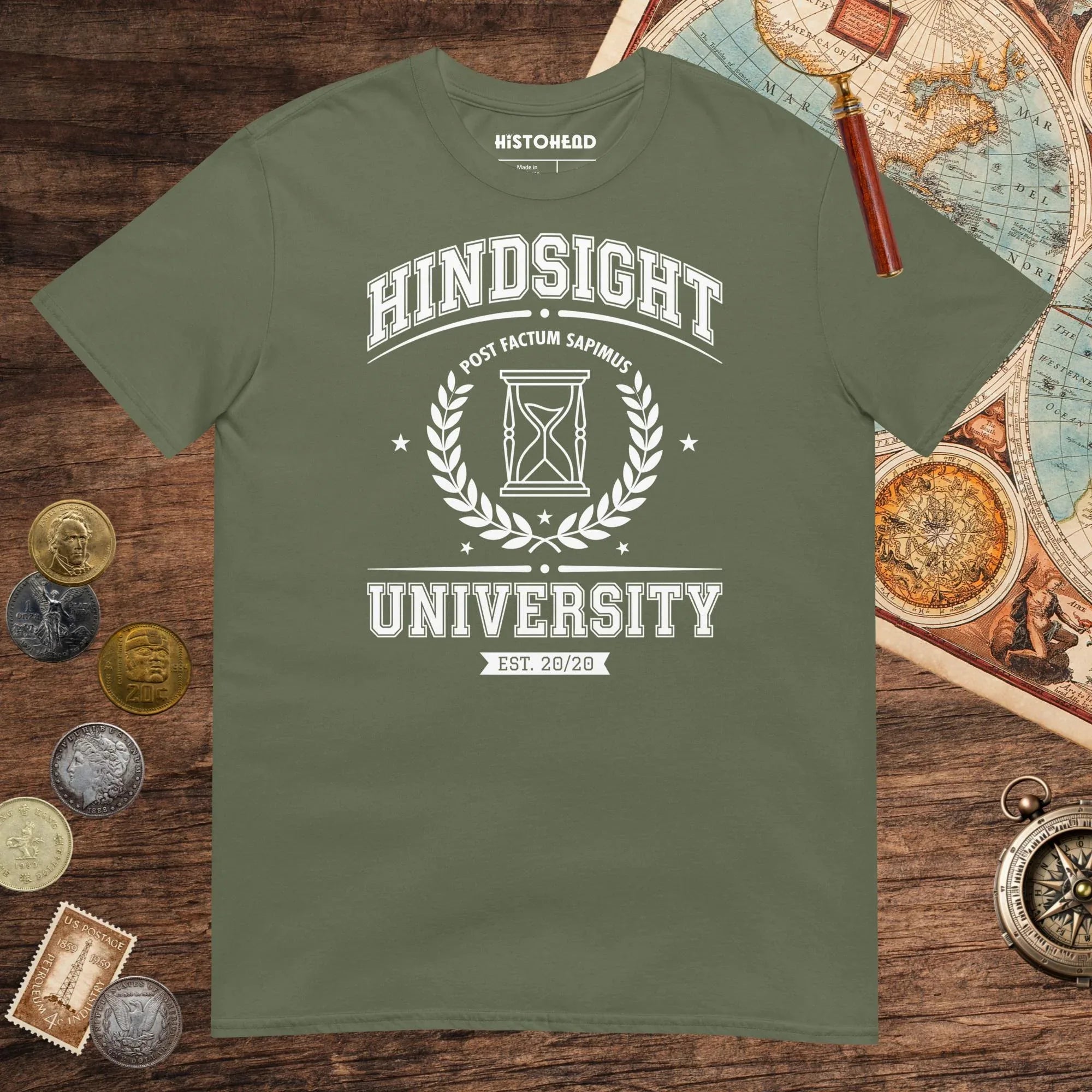 Military Green Hindsight University Tee - history buff gift by HistoHead