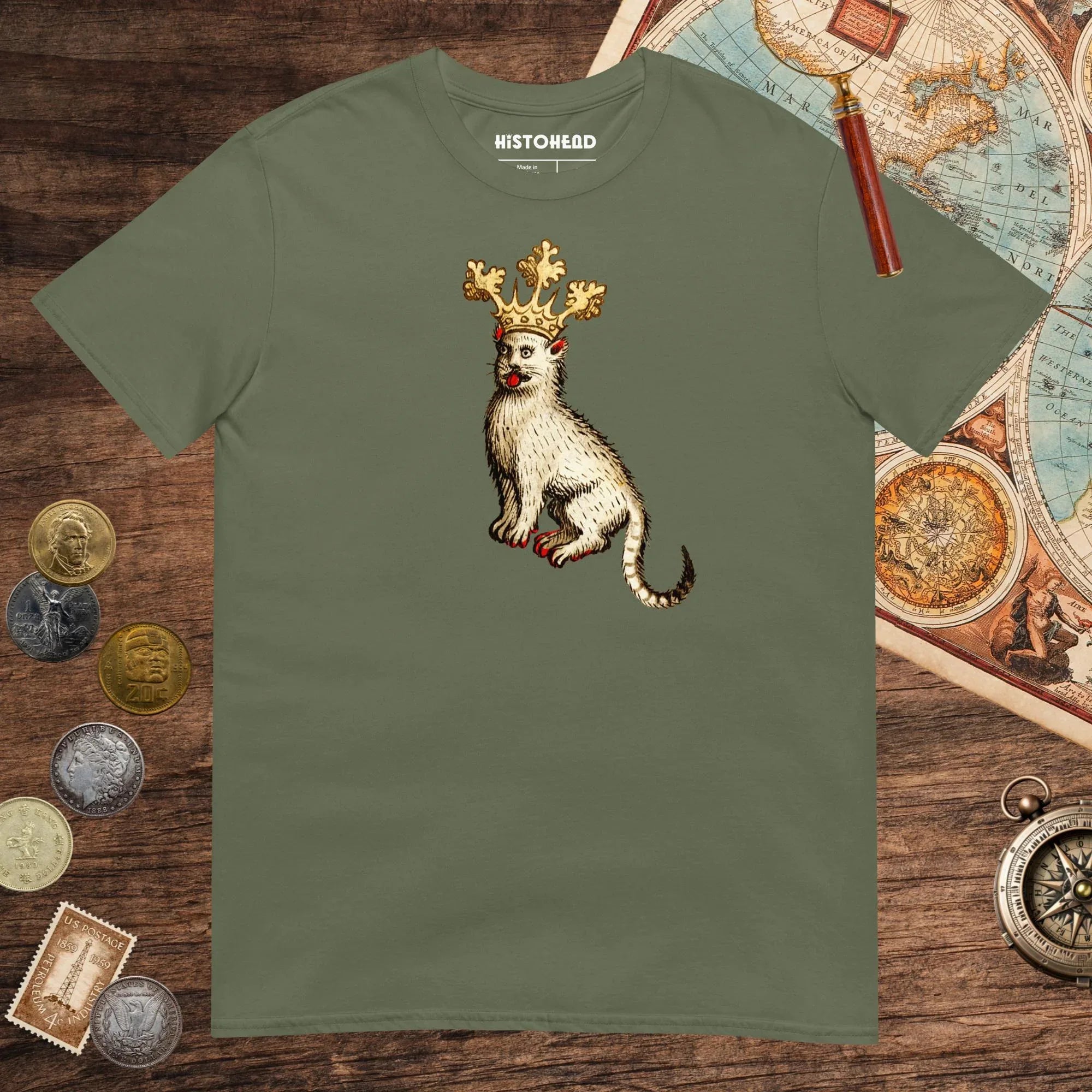 Military Green Medieval Cat King Tee - history buff gift by HistoHead
