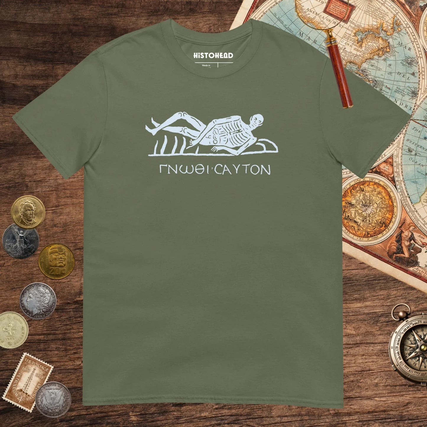 Military Green Know Thyself Skeleton Tee - history buff gift by HistoHead