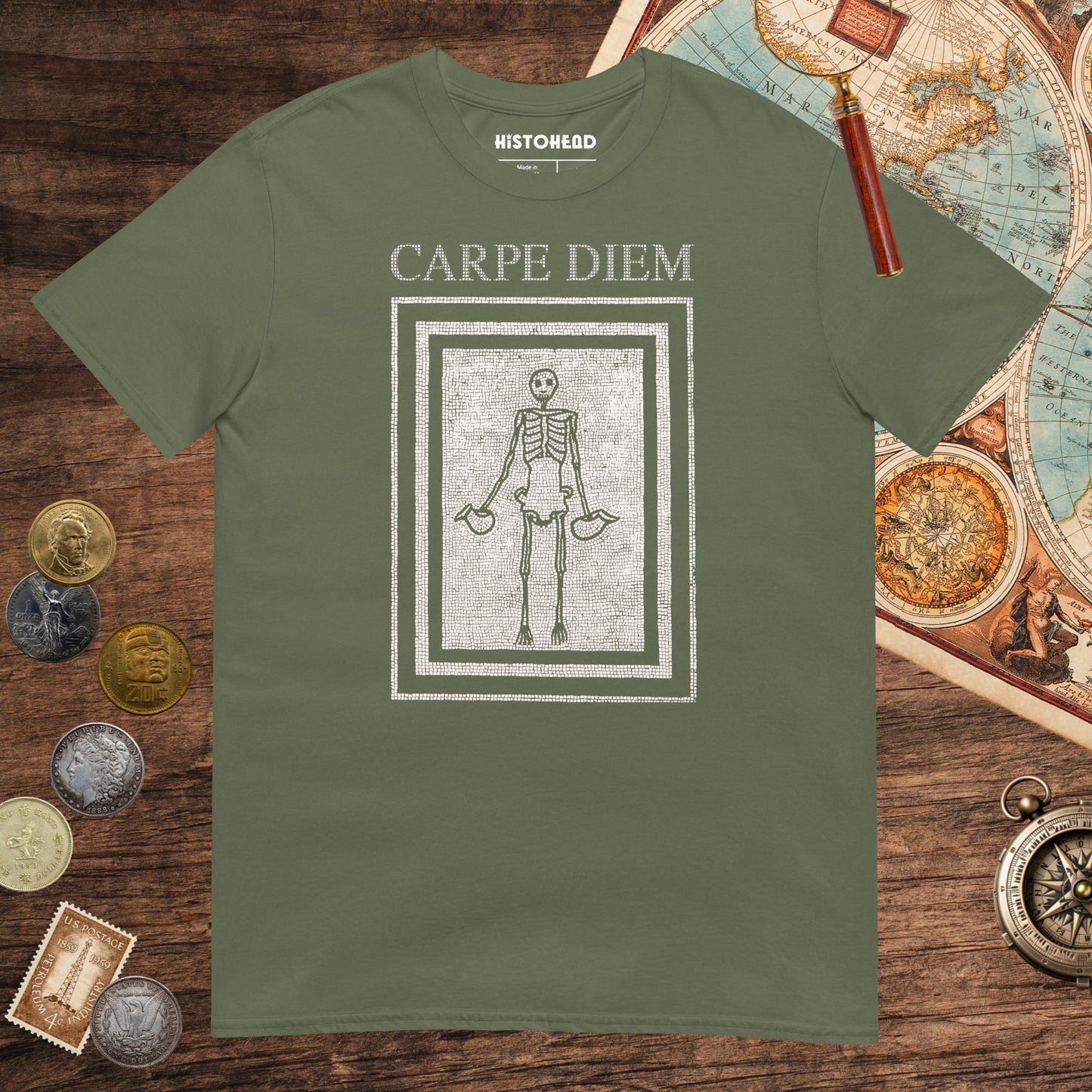 Military Green Carpe Diem Skeleton Tee - history buff gift by HistoHead