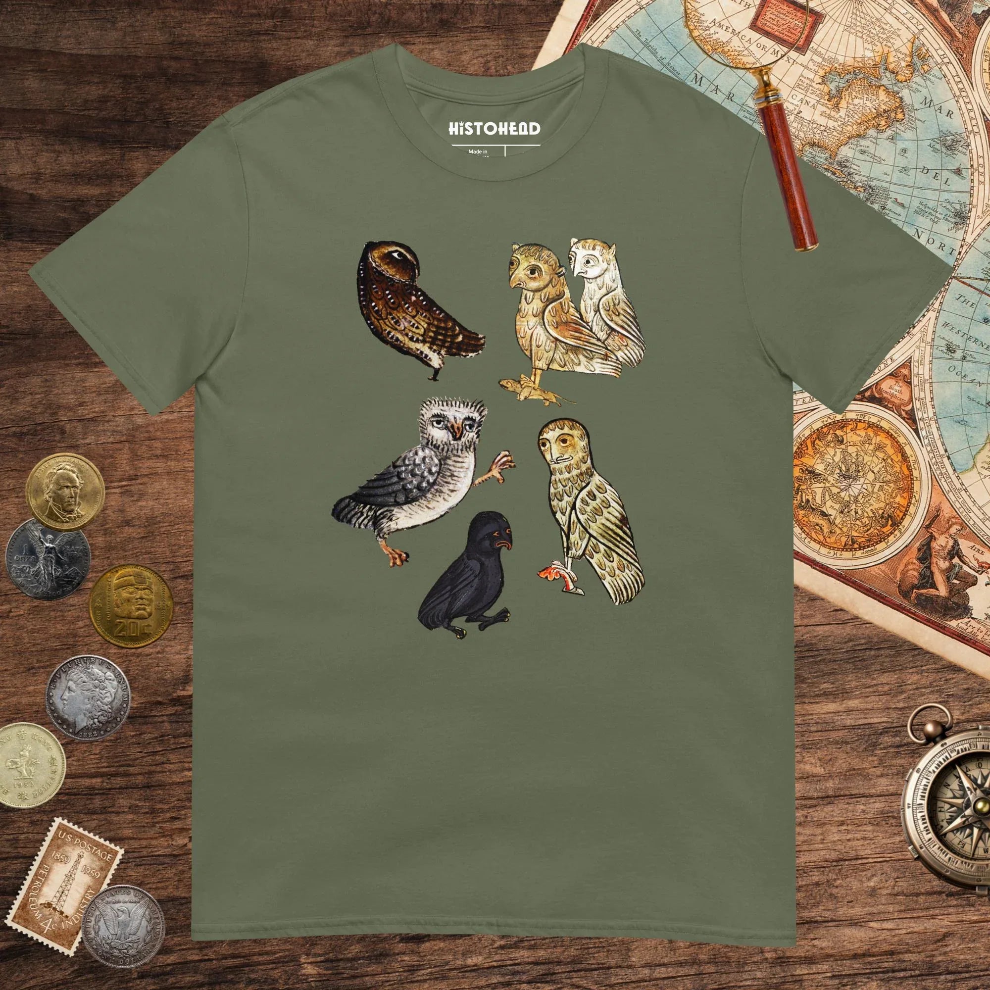 Military Green Weird Medieval Owls Tee - history buff gift by HistoHead