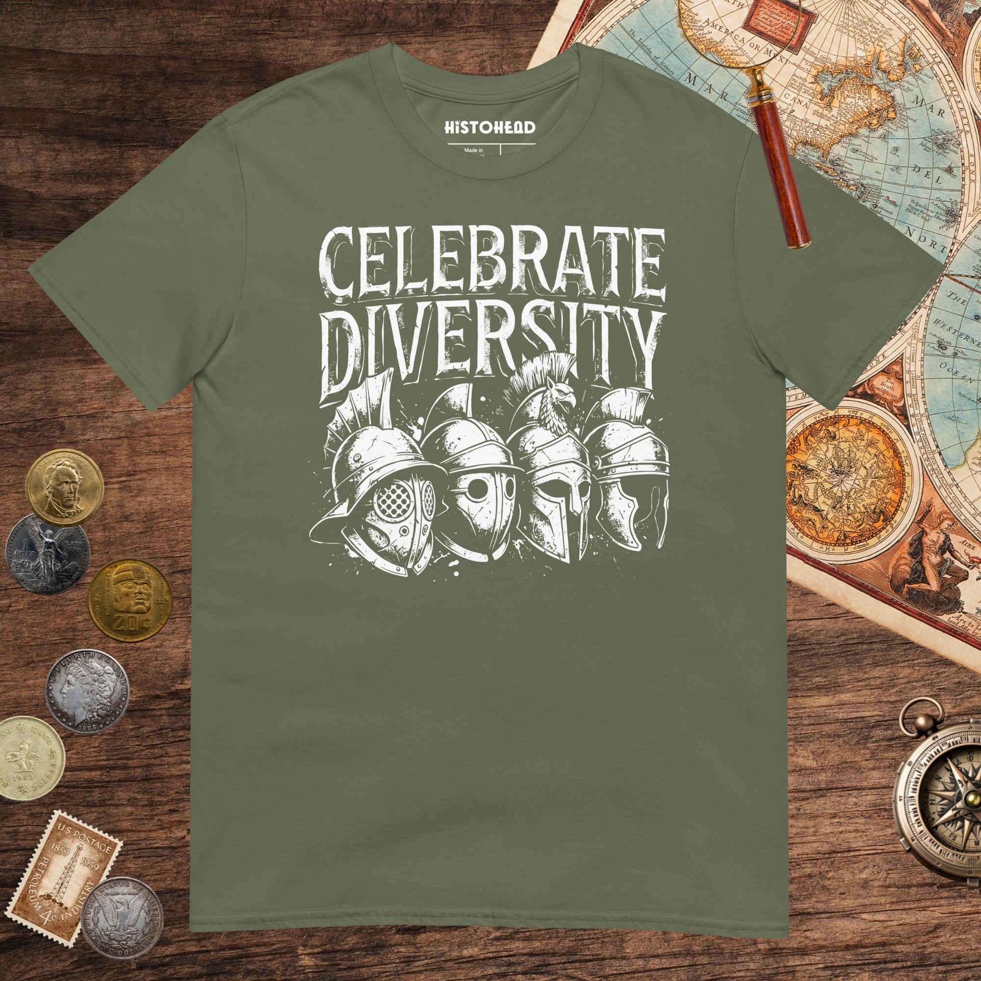 Military Green Celebrate Diversity Gladiator Helmets Edition Tee - history buff gift by HistoHead