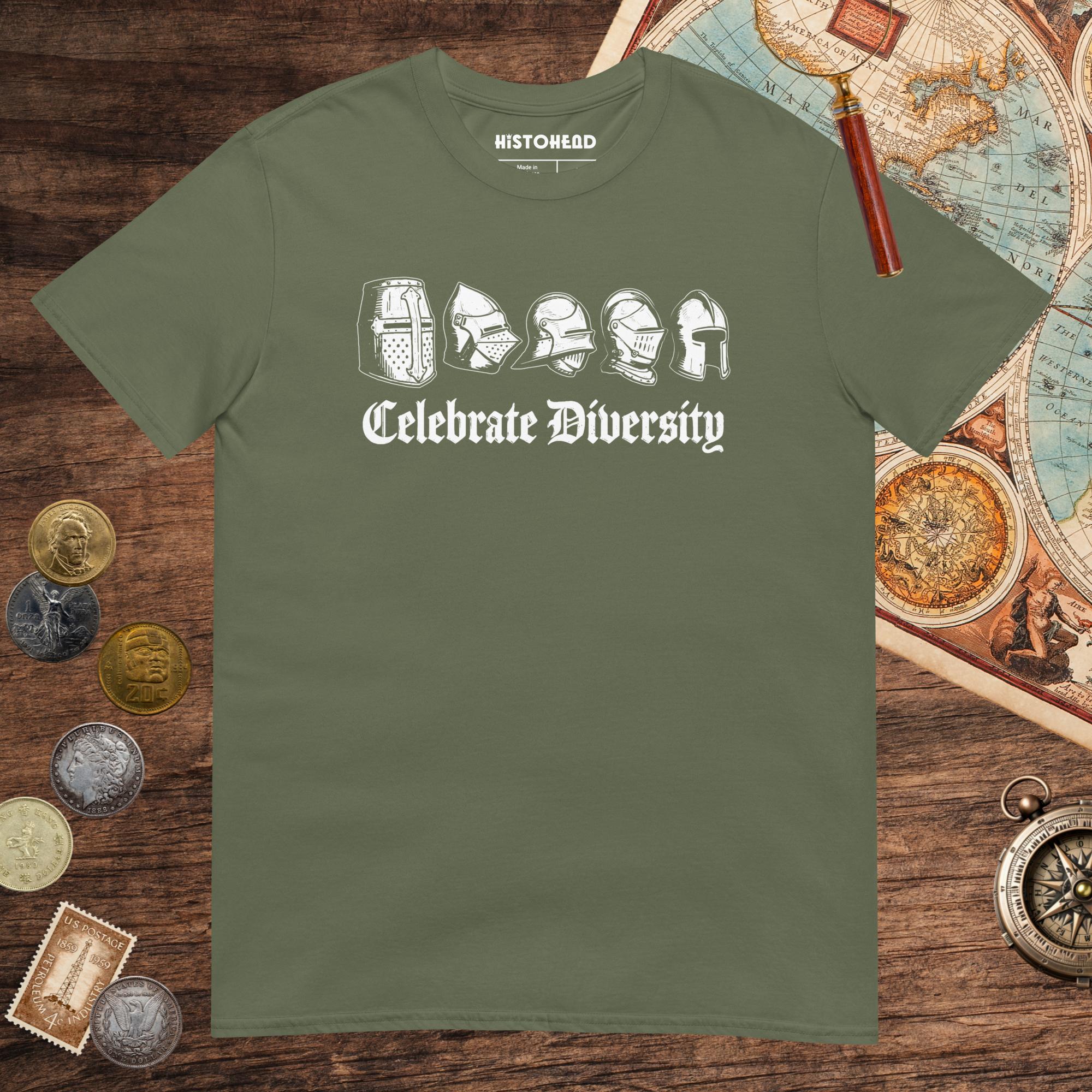 Military Green Celebrate Diversity Medieval Helmets Edition Tee - history buff gift by HistoHead