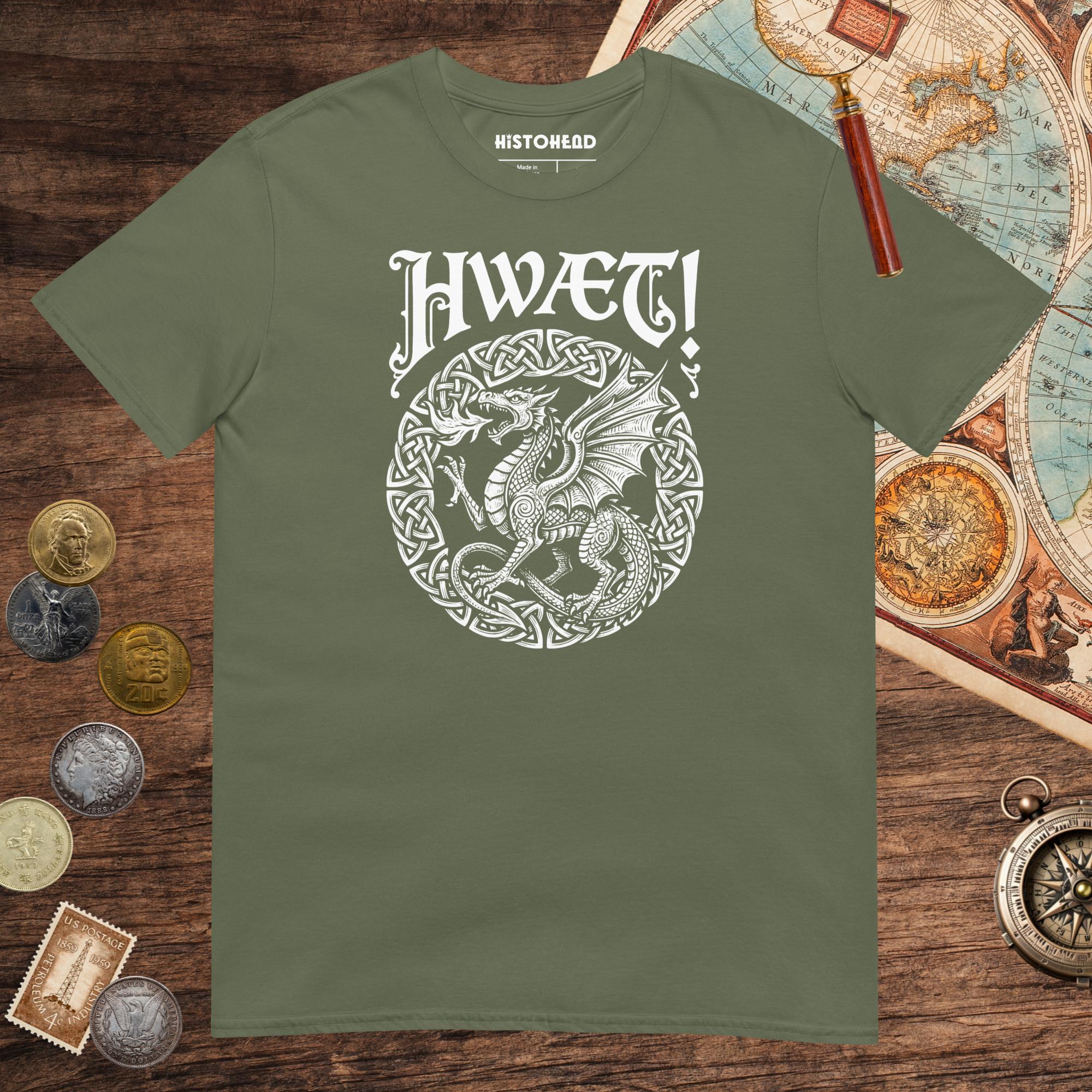 Military Green Hwæt Dragon Tee - history buff gift by HistoHead