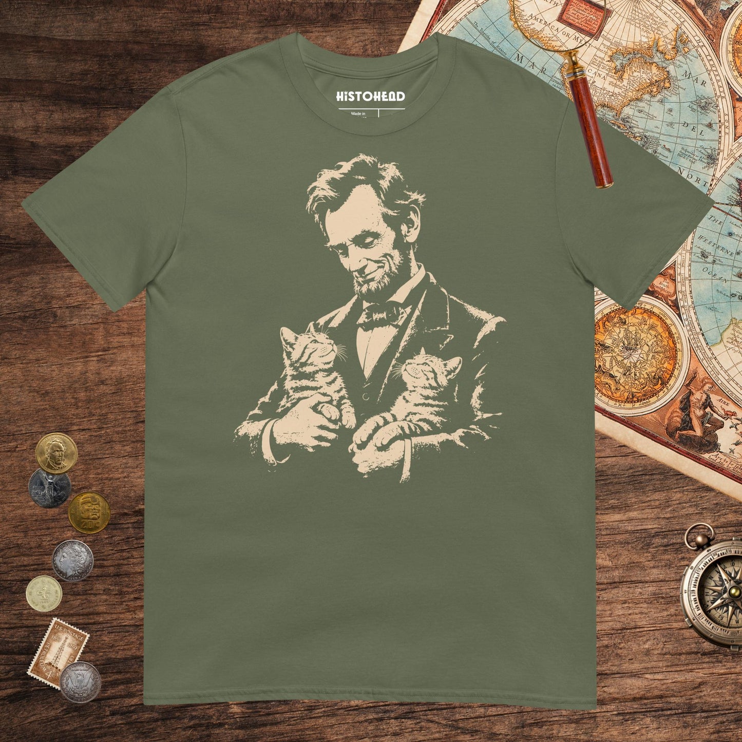 Military Green Lincoln's Cats Tee - history buff gift by HistoHead
