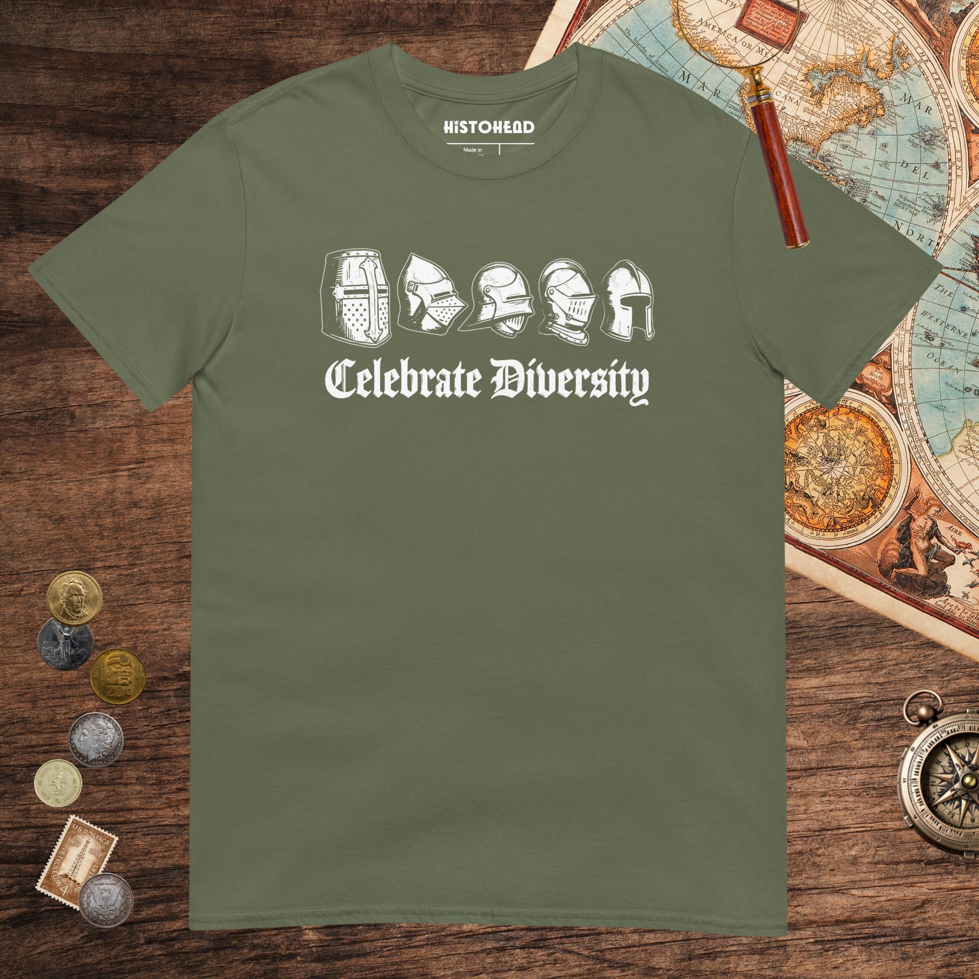 Military Green Celebrate Diversity Medieval Helmets Edition Tee - history buff gift by HistoHead