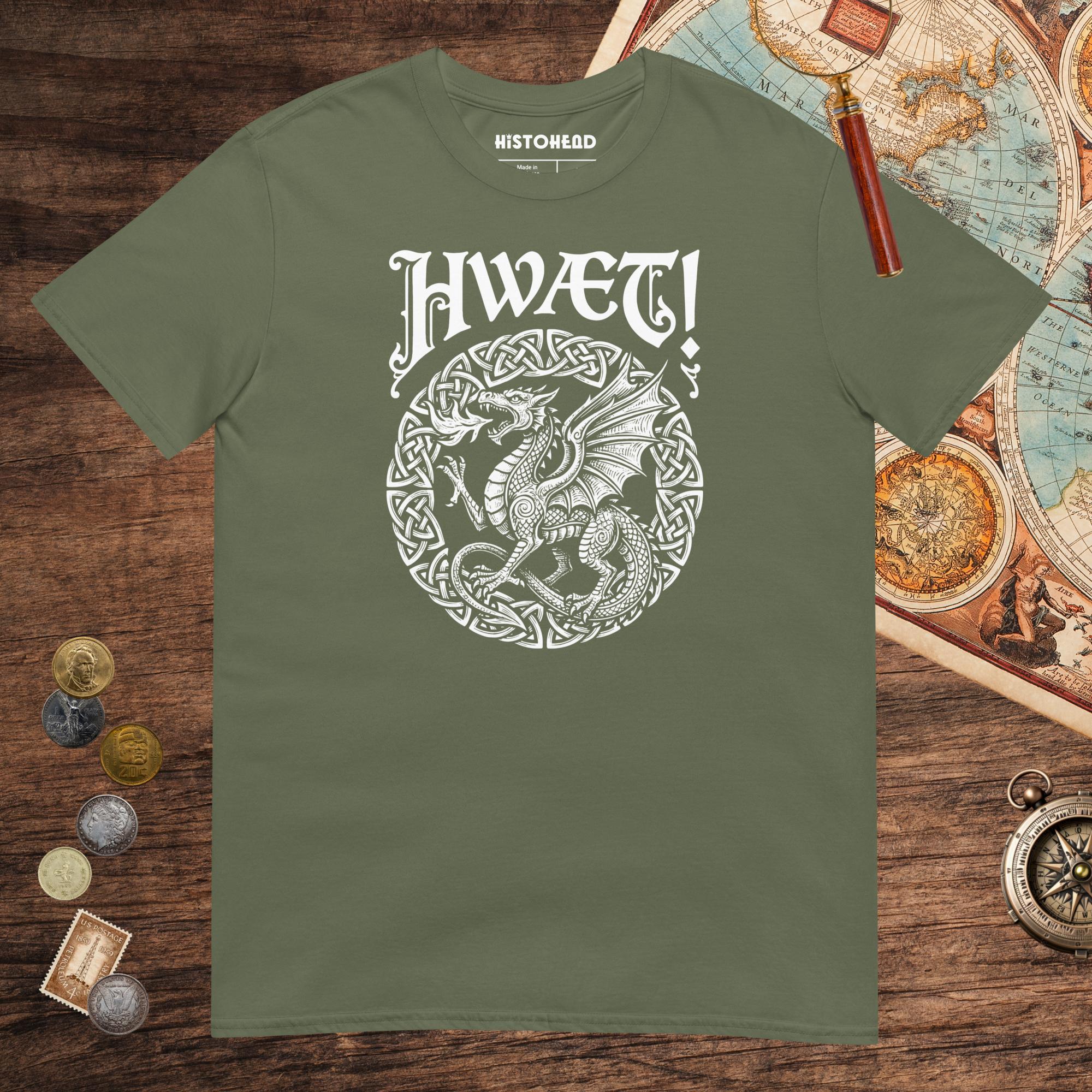 Military Green Hwæt Dragon Tee - history buff gift by HistoHead