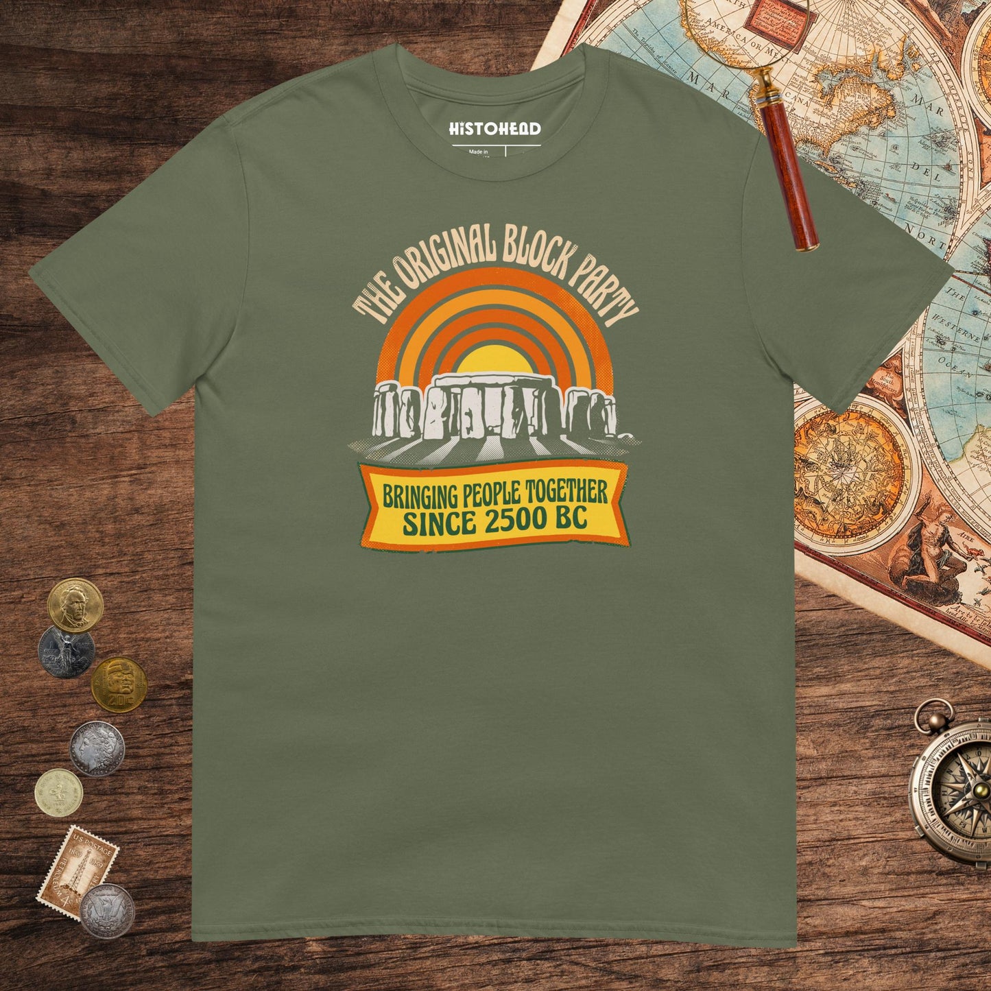 Military Green Stonehenge Block Party Tee - history buff gift by HistoHead