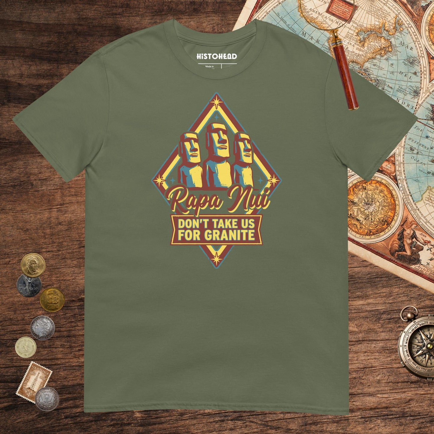 Military Green Rapa Nui Moai Tee - history buff gift by HistoHead