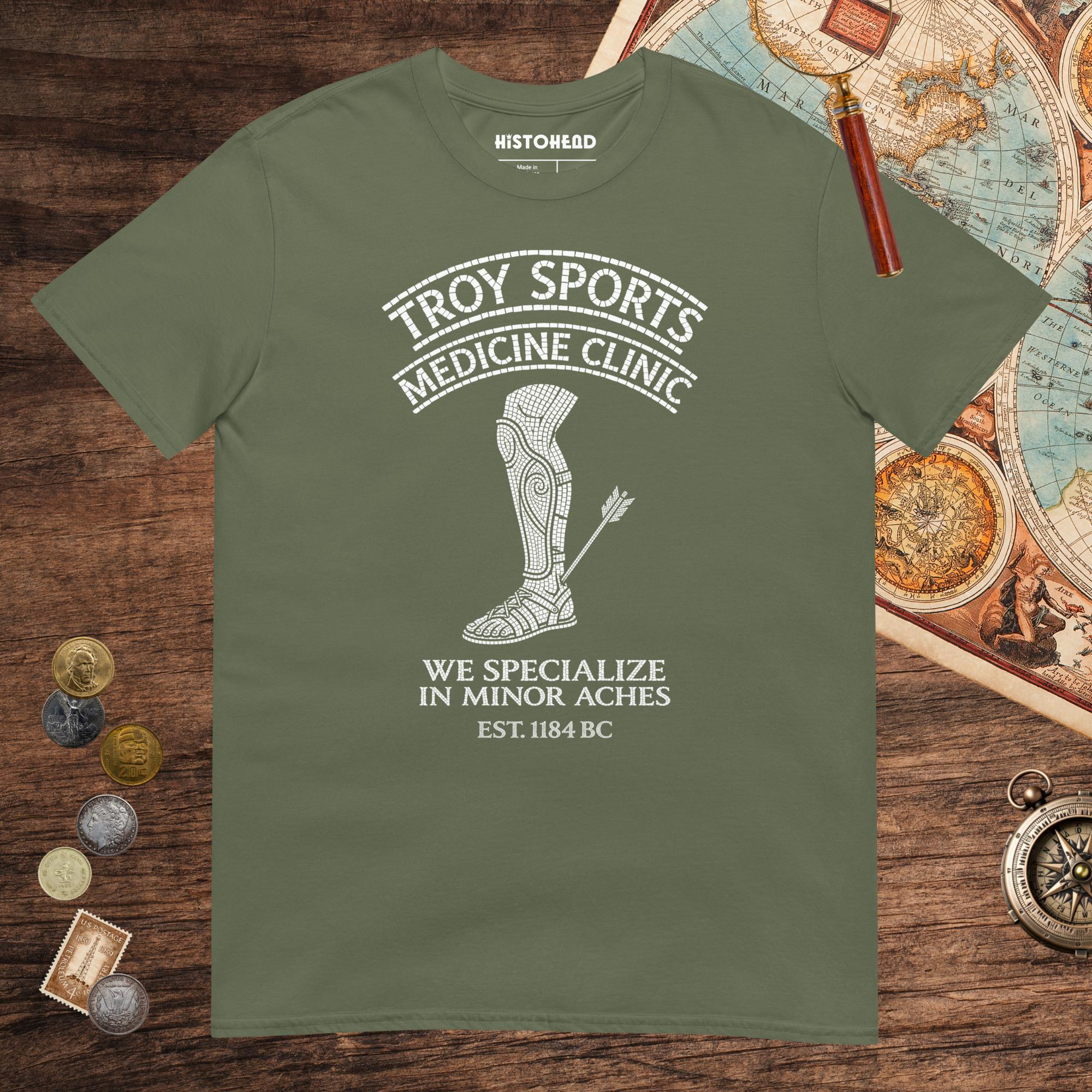 Military Green Troy Sports Medicine Clinic Tee - history buff gift by HistoHead