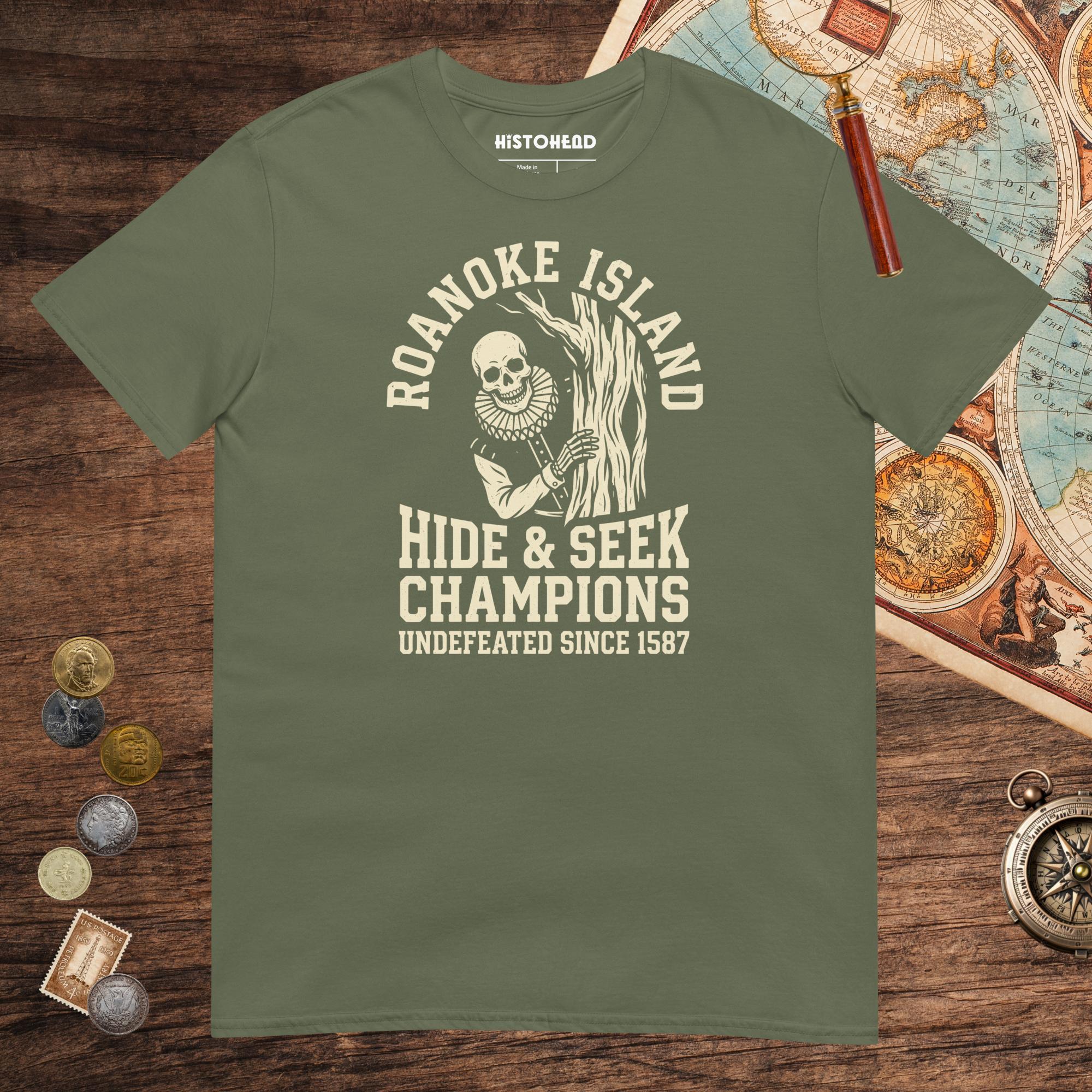 Military Green Roanoke Island Hide & Seek Tee - history buff gift by HistoHead