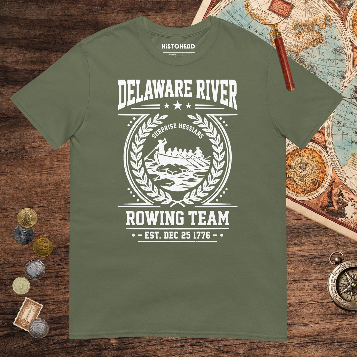 Military Green Delaware River Rowing Team Tee - history buff gift by HistoHead