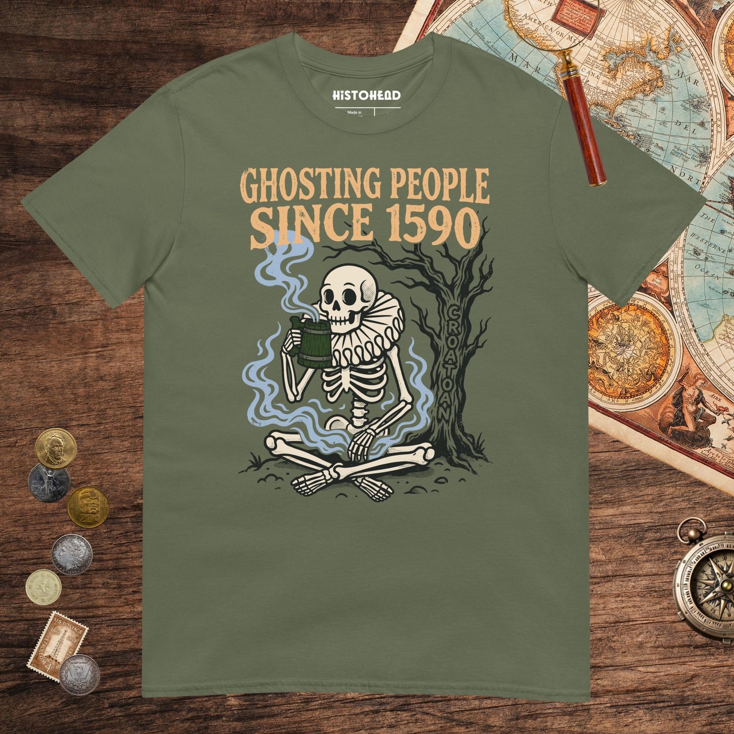 Military Green Roanoke Colony Ghosting Since 1590 Tee - history buff gift by HistoHead