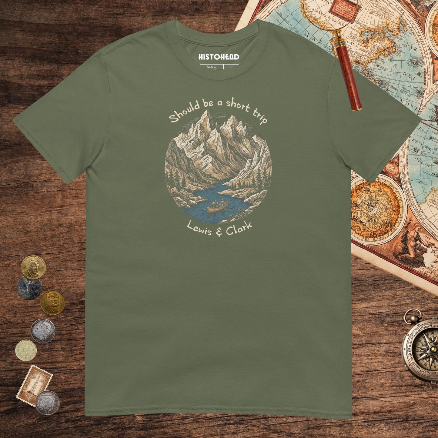 Military Green Lewis & Clark Short Trip Tee - history buff gift by HistoHead