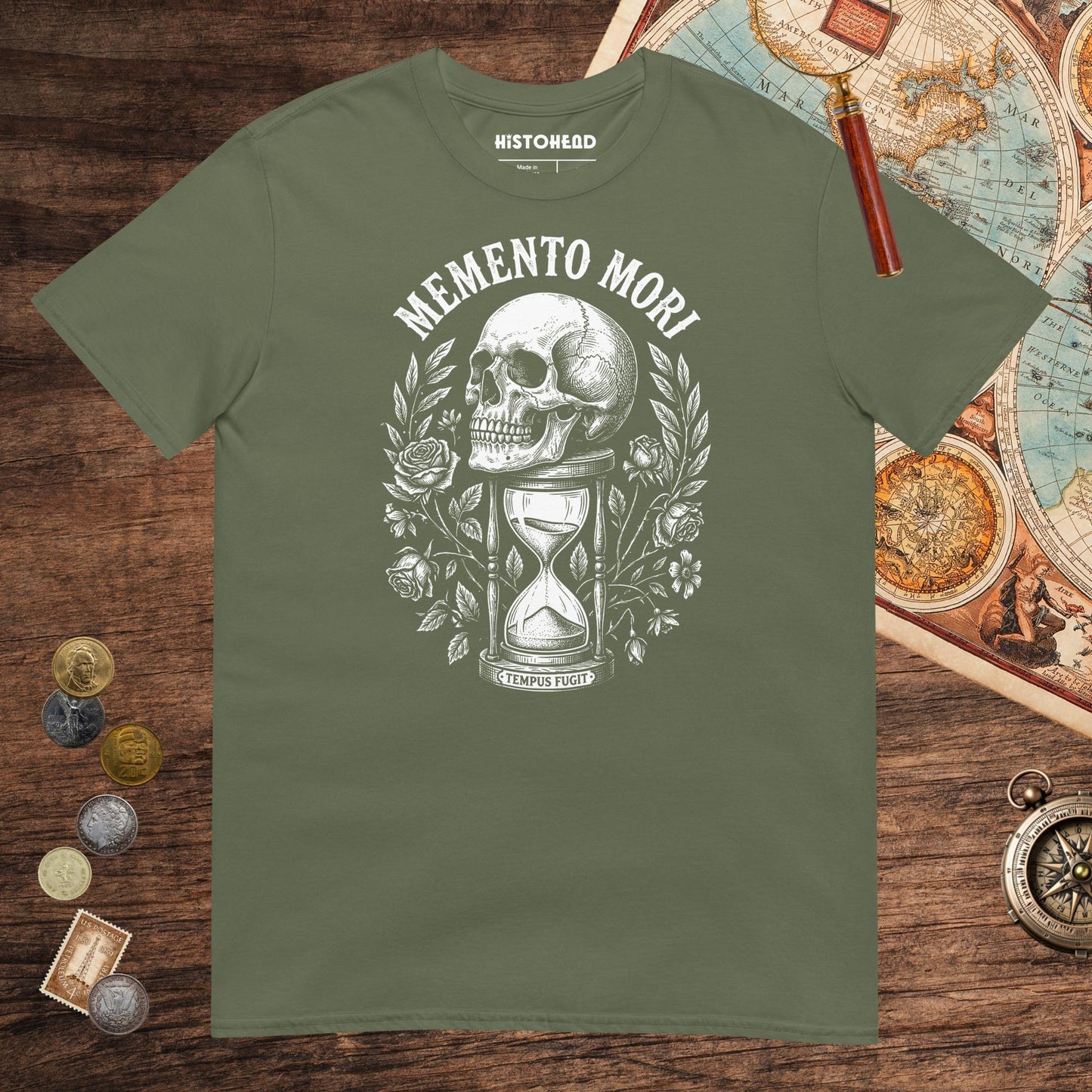 Military Green Memento Mori Tempus Fugit Tee - history buff gift by HistoHead