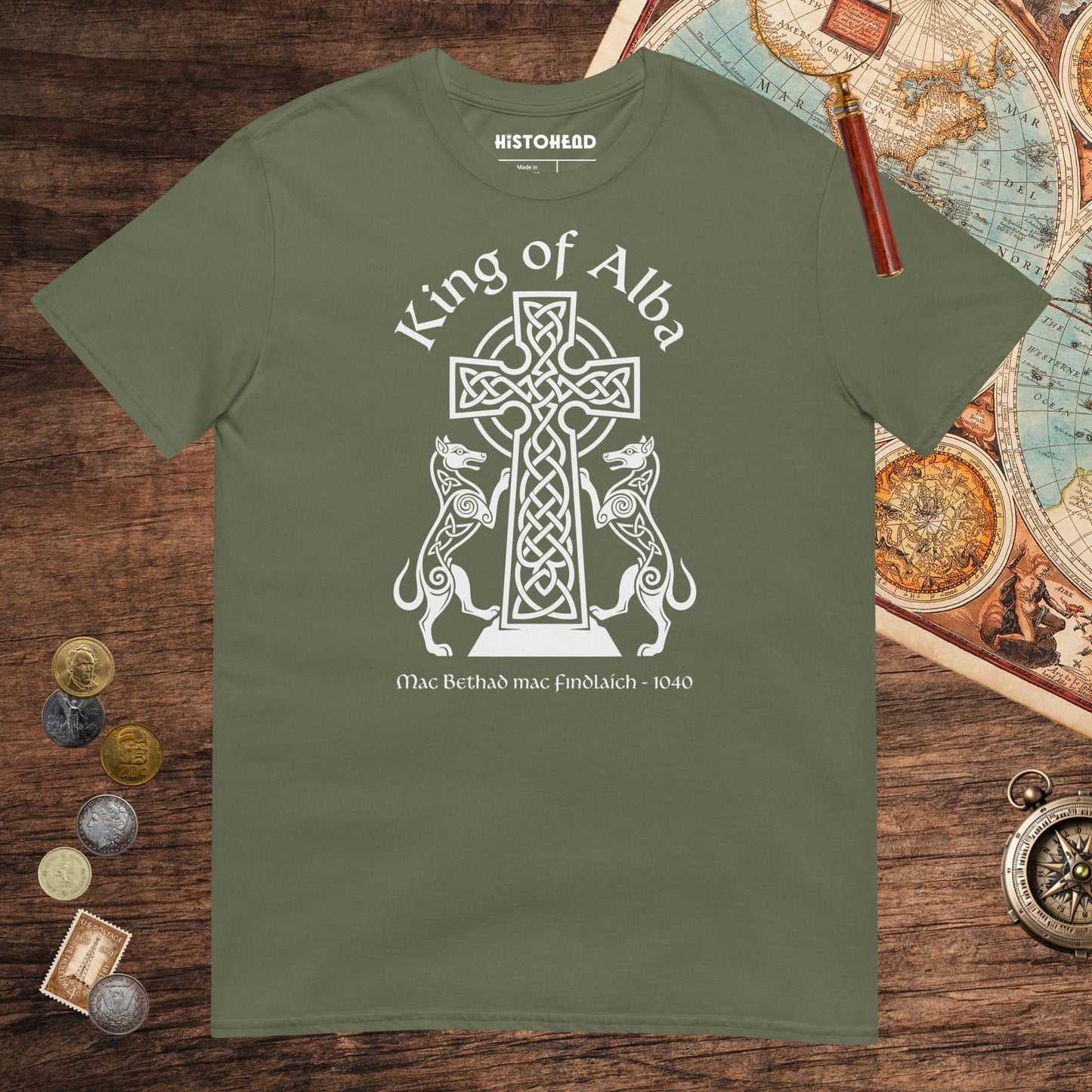 Military Green King of Alba Tee - history buff gift by HistoHead