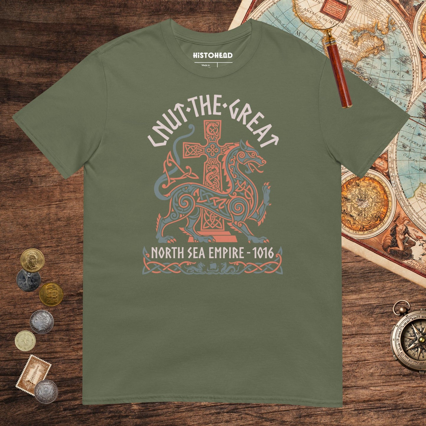 Military Green Cnut the Great Tee - history buff gift by HistoHead
