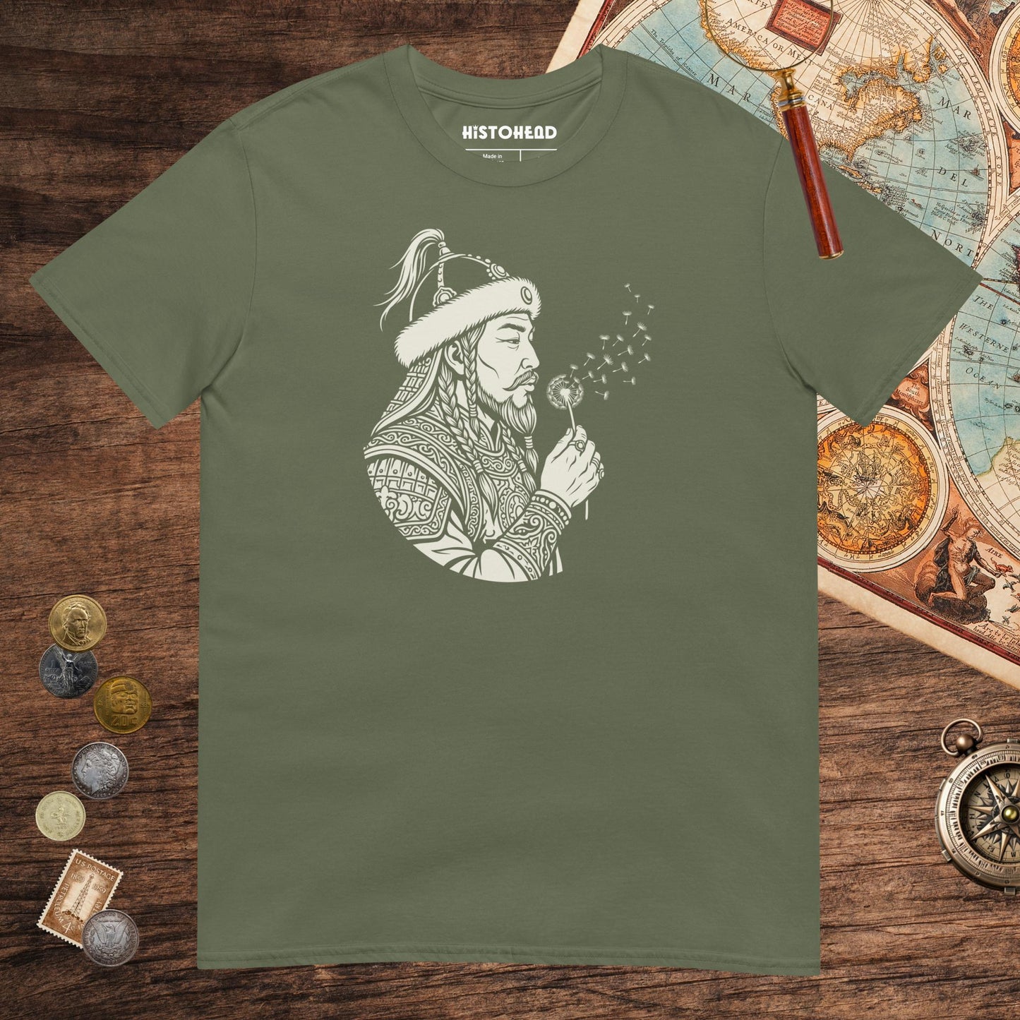 Military Green Genghis Khan Blowing Wishes Tee - history buff gift by HistoHead