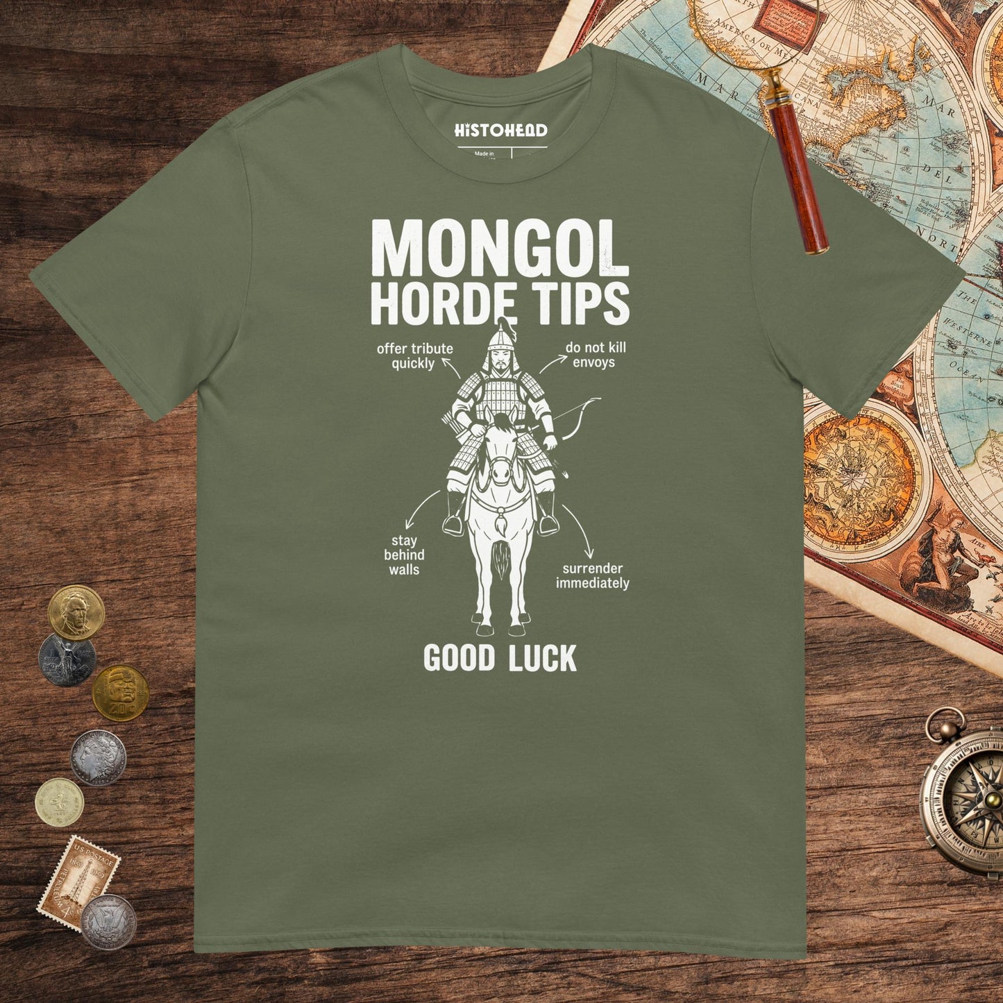 Military Green Mongol Horde Tips Tee - history buff gift by HistoHead