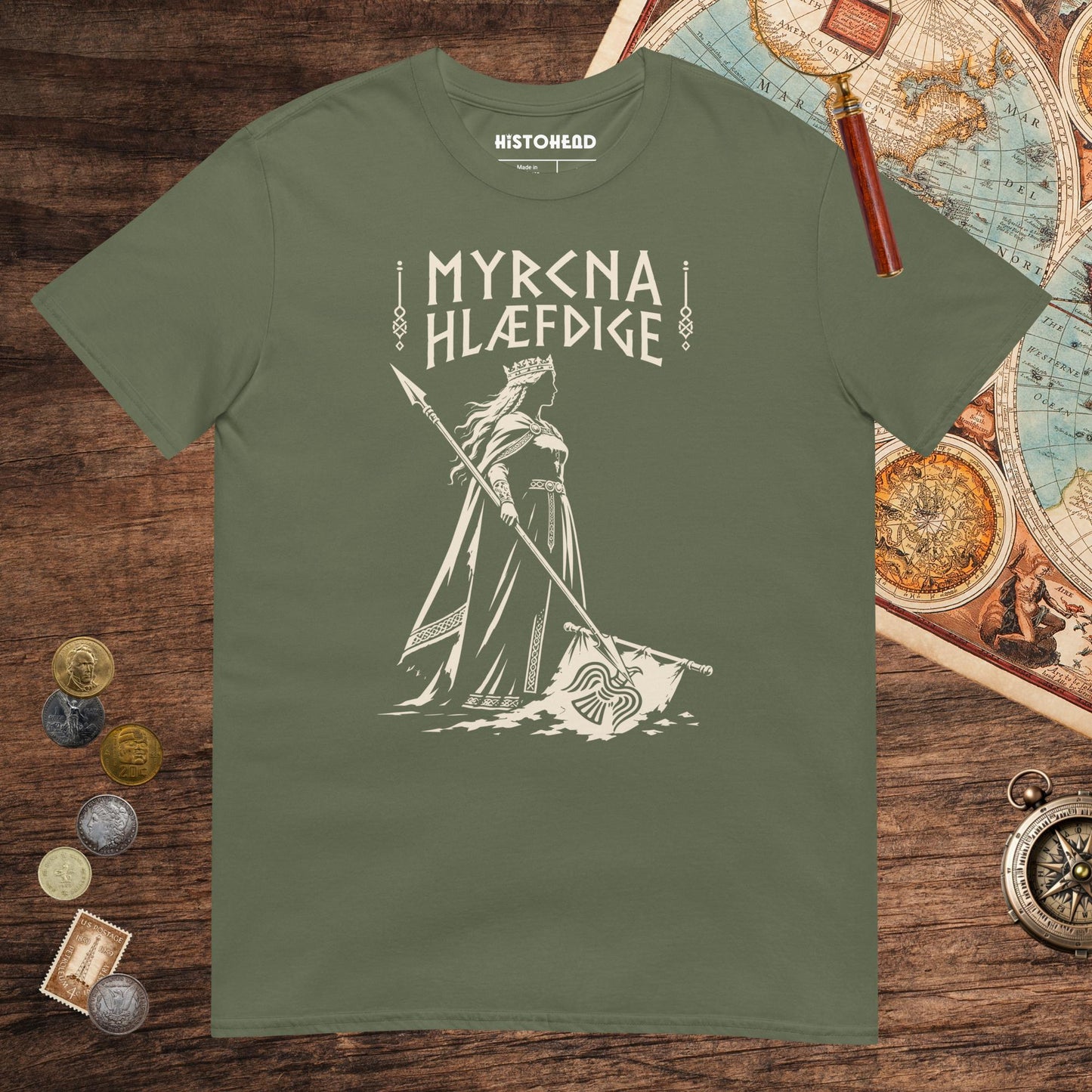 Military Green Æthelflæd Myrcna Hlæfdige Tee - history buff gift by HistoHead