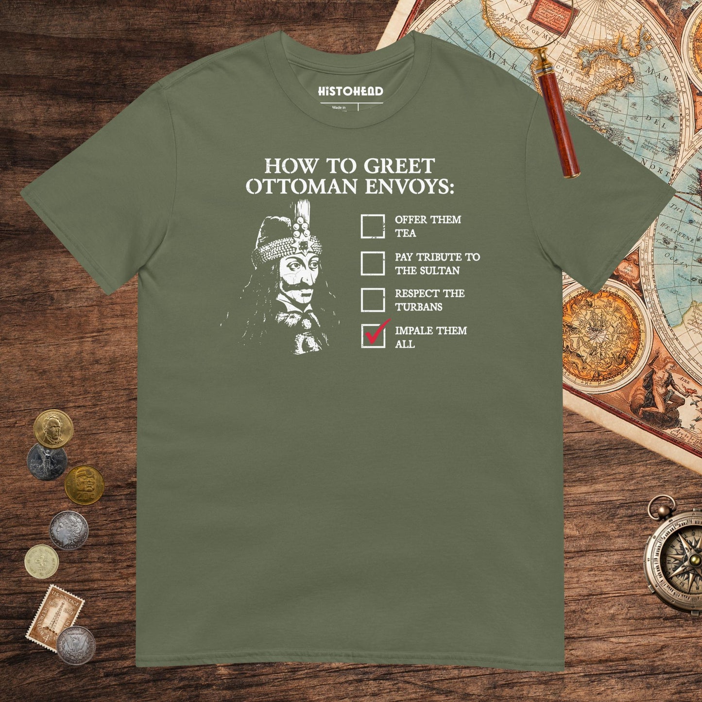 Military Green Vlad the Impaler How to Greet Guide Tee - history buff gift by HistoHead