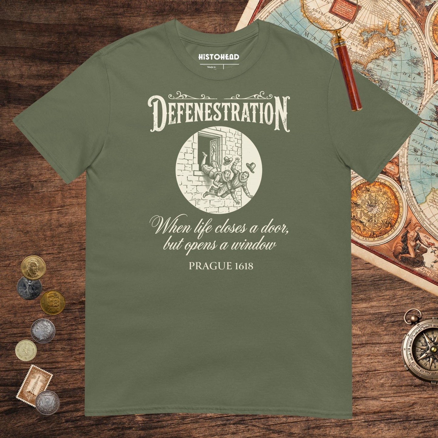 Military Green Defenestration When Life Closes A Door But Opens A Window Tee - history buff gift by HistoHead