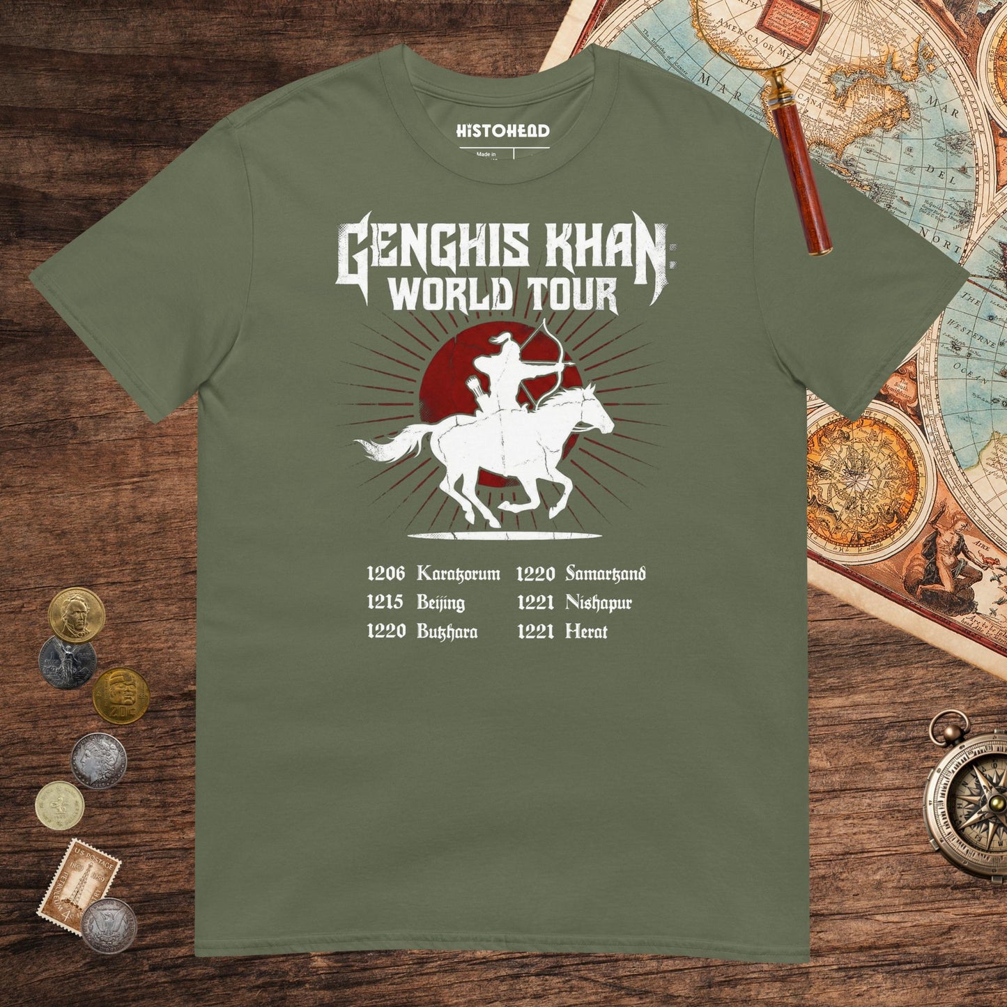 Military Green Genghis Khan World Tour Tee - history buff gift by HistoHead
