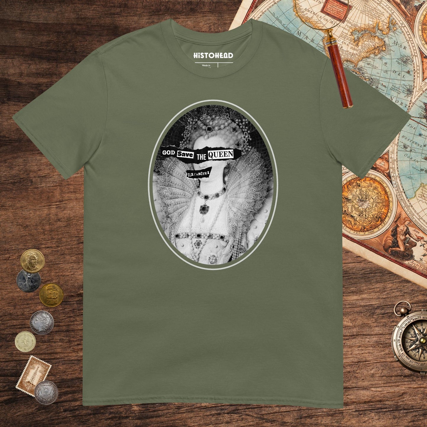 Military Green God Save the Queen Elizabeth I Tee - history buff gift by HistoHead