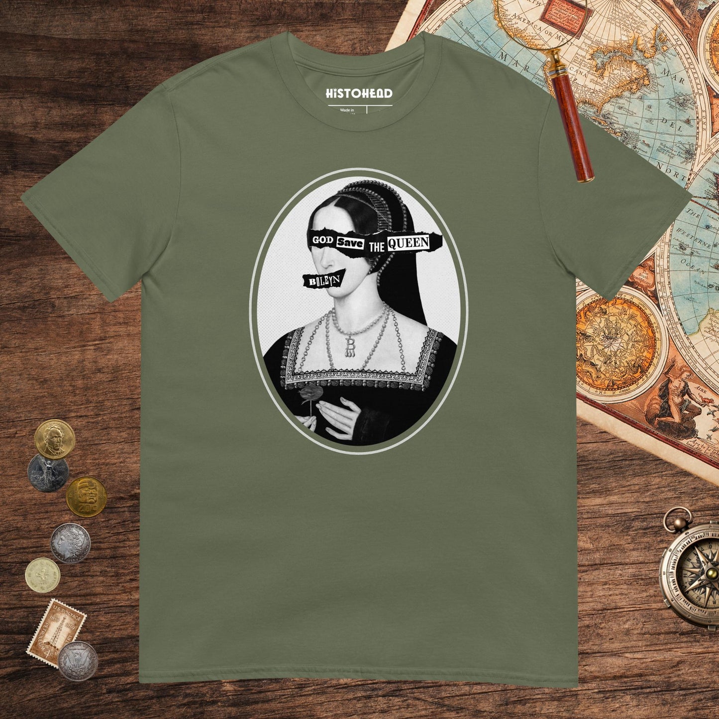 Military Green God Save the Queen Anne Boleyn Tee - history buff gift by HistoHead