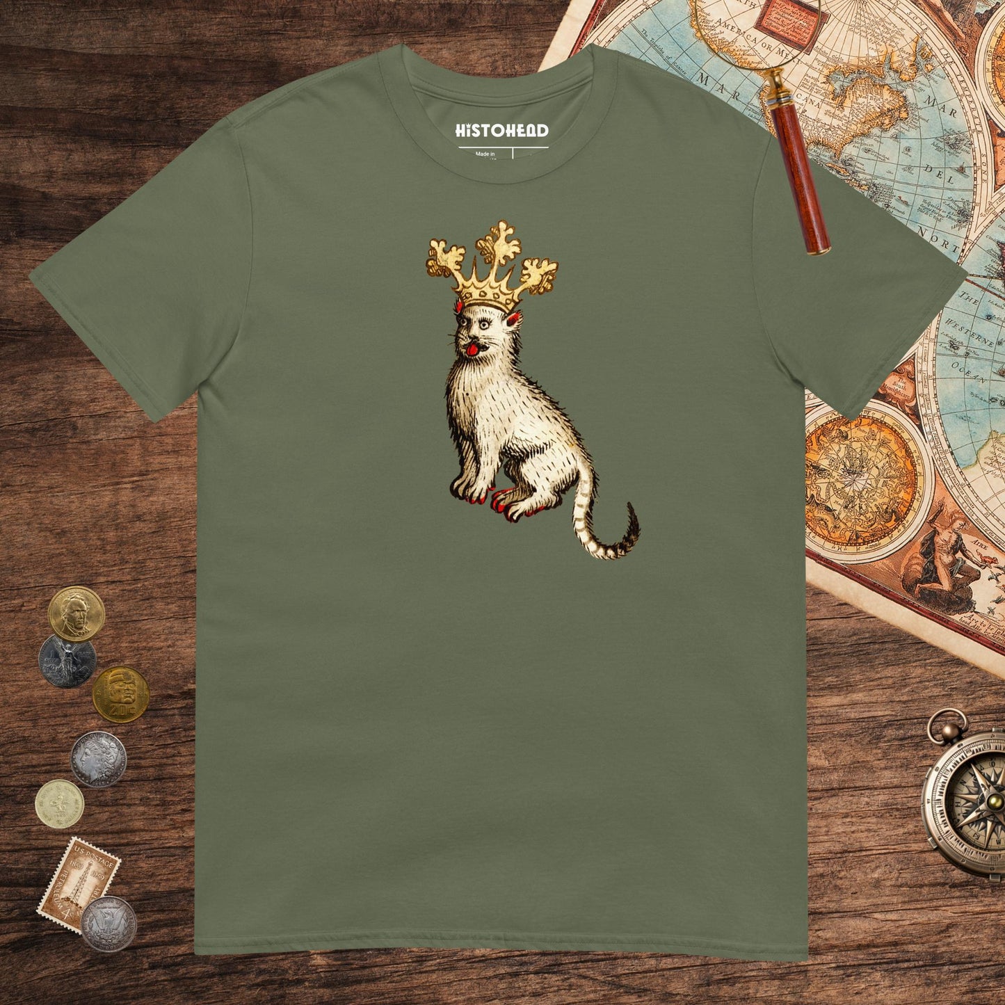 Military Green Medieval Cat King Tee - history buff gift by HistoHead