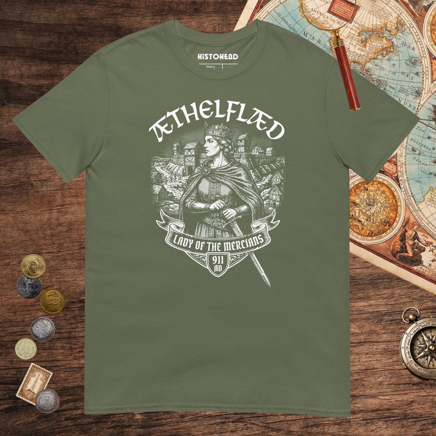Military Green Æthelflæd Lady of the Mercians Tee - history buff gift by HistoHead
