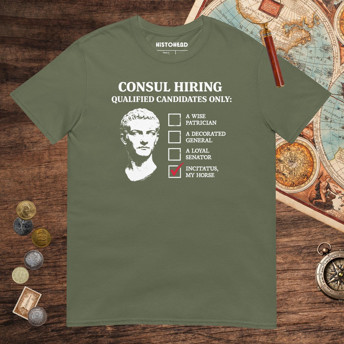Military Green Caligula's Nominee for Consul Tee - history buff gift by HistoHead