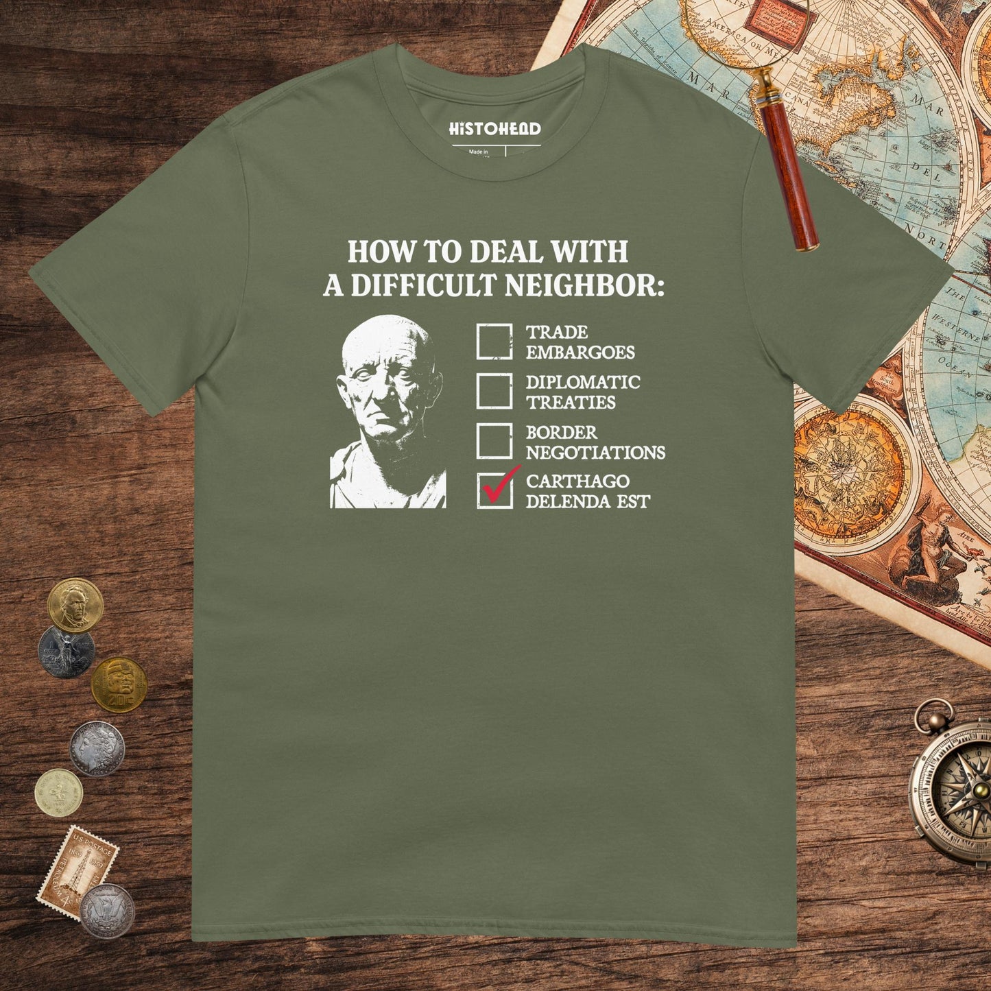 Military Green Cato's Foreign Policy Tee - history buff gift by HistoHead