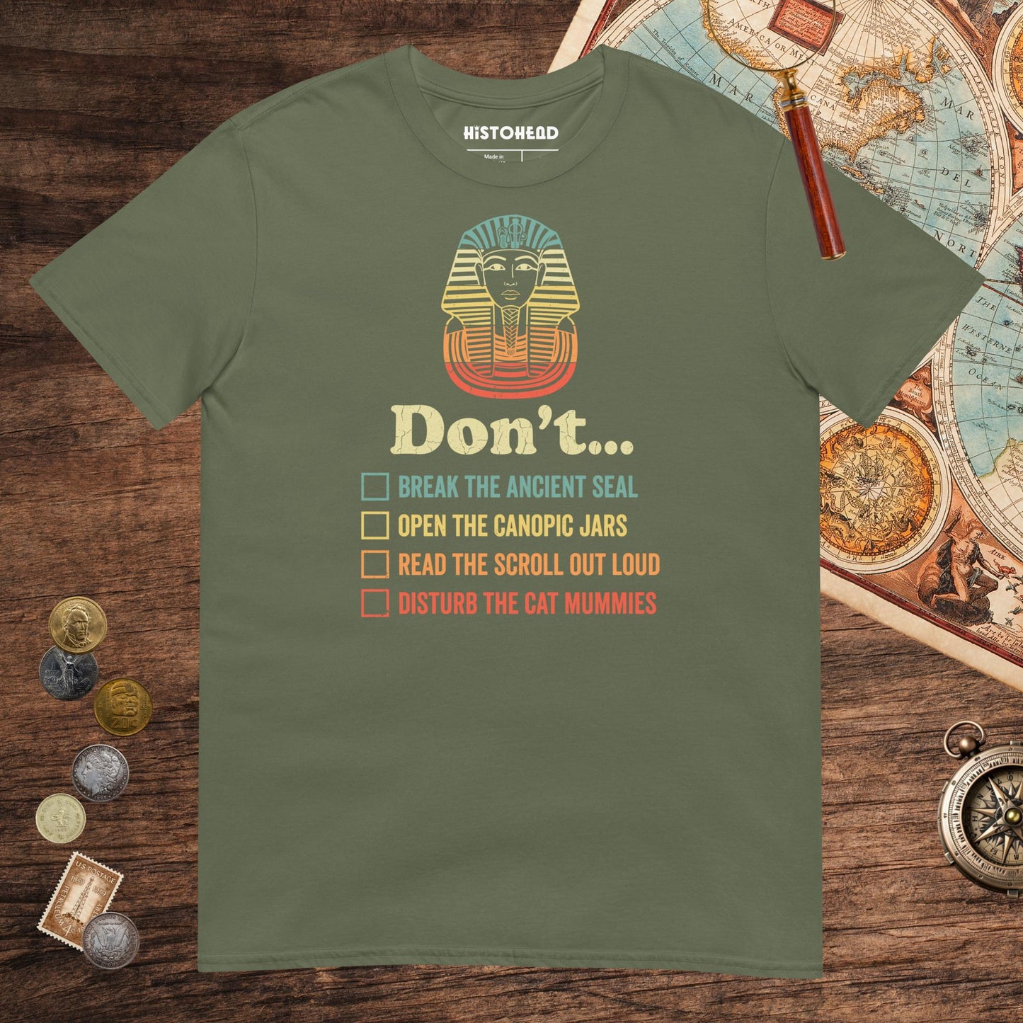 Military Green King Tutankhamun Advice Tee - history buff gift by HistoHead