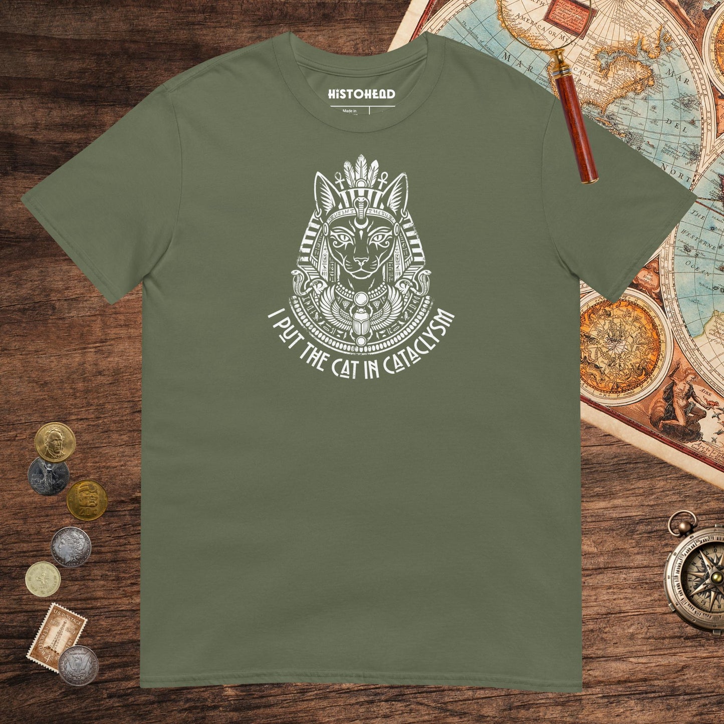 Military Green Bastet I Put the Cat in Cataclysm Tee - history buff gift by HistoHead