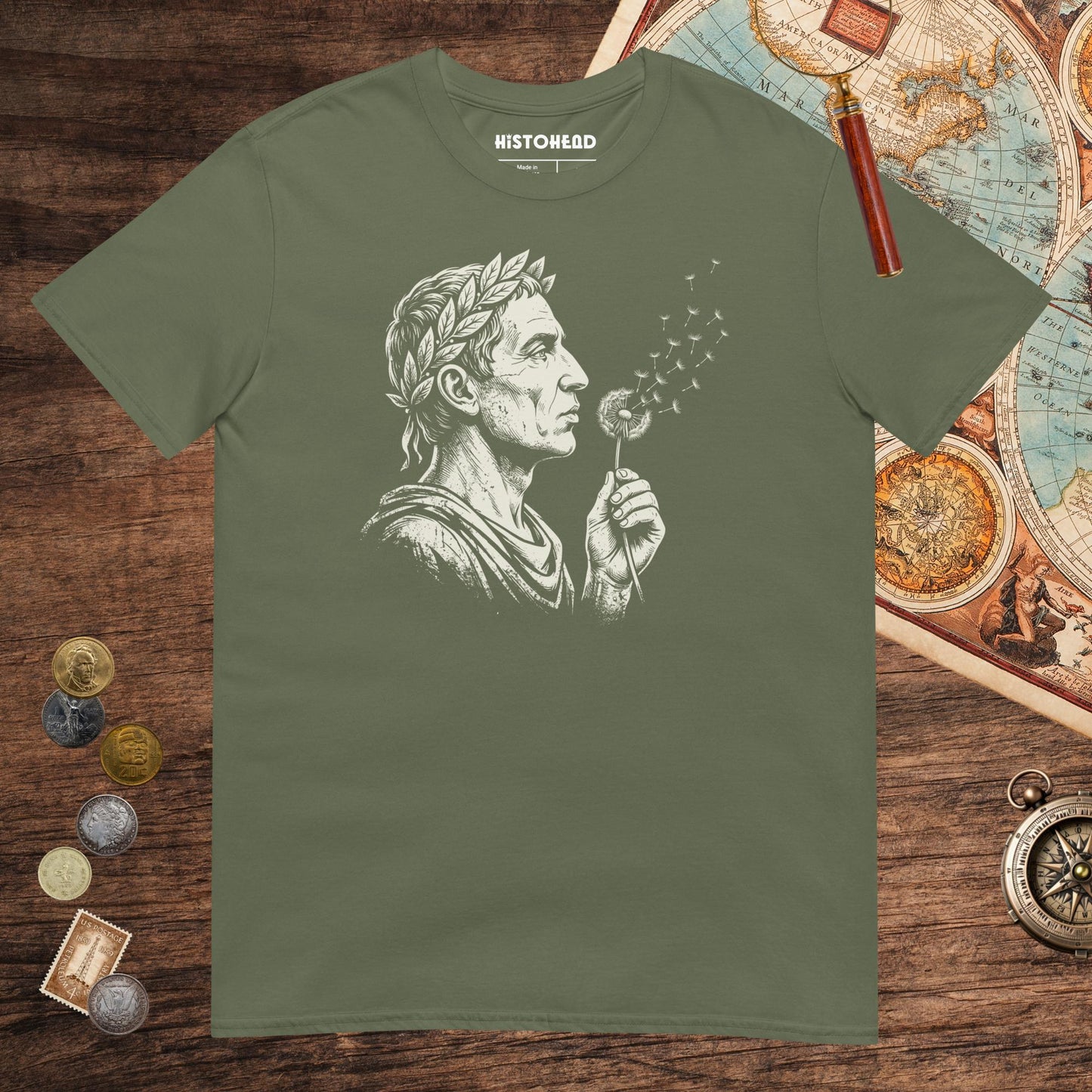 Military Green Caesar Blowing Wishes Tee - history buff gift by HistoHead