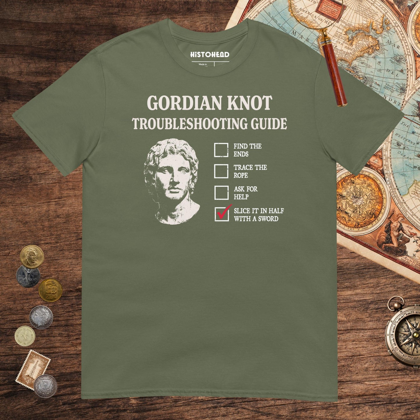 Military Green Alexander's Gordian Knot Guide Tee - history buff gift by HistoHead
