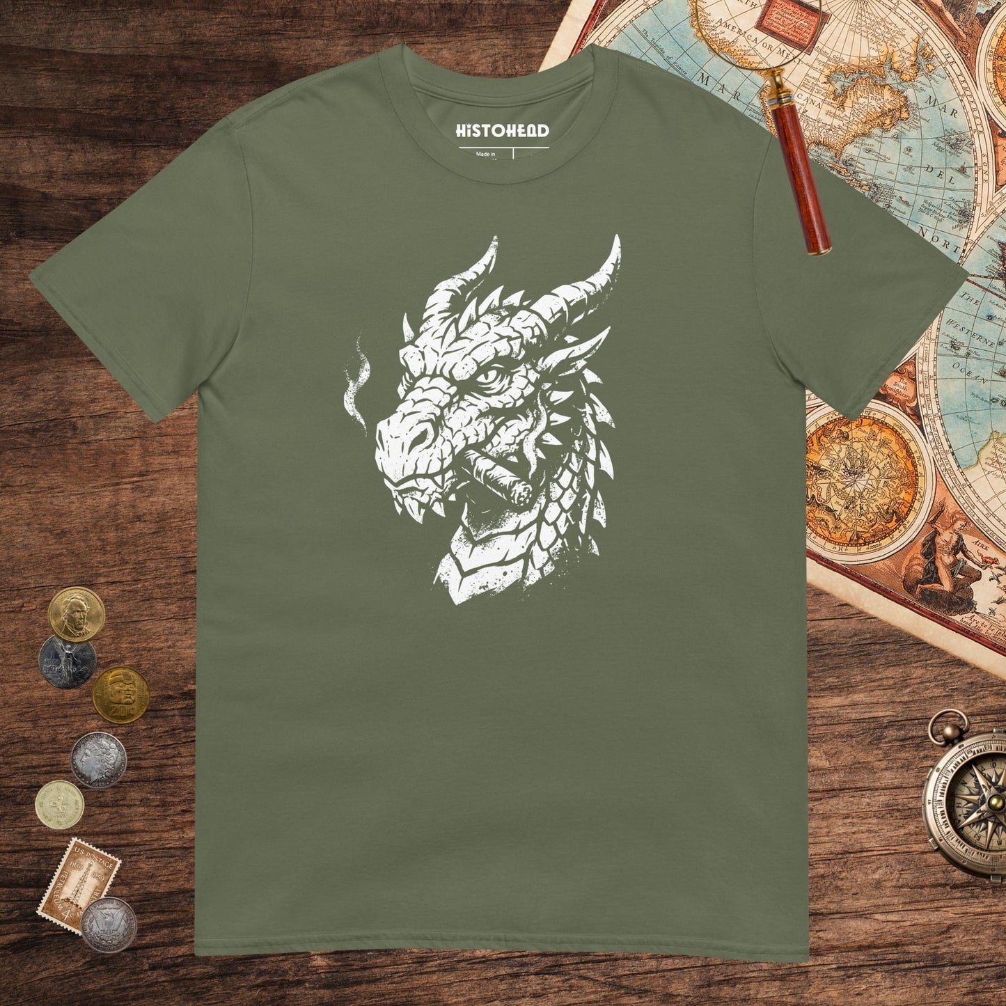 Military Green Smoking Dragon Tee - history buff gift by HistoHead