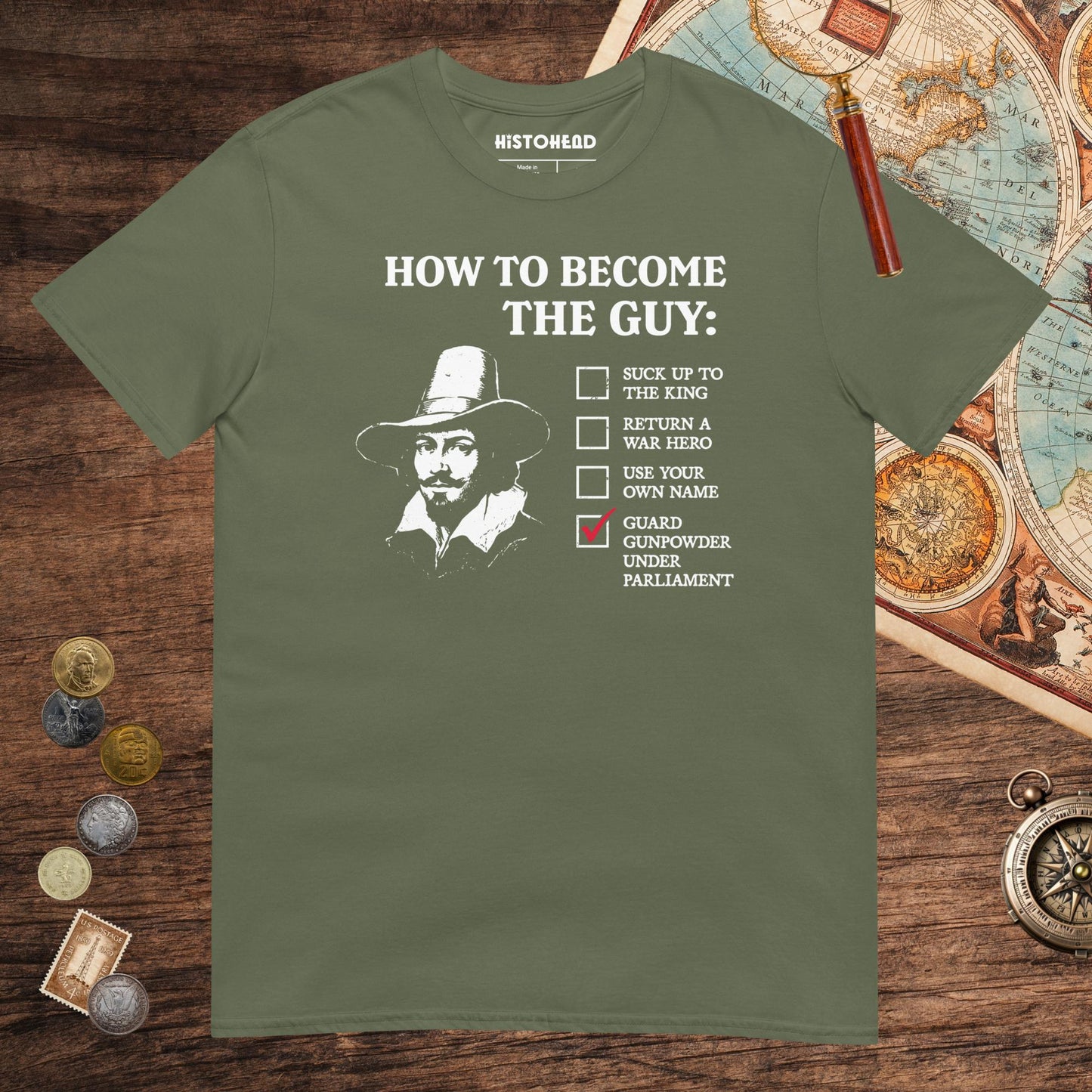 Military Green Guy Fawkes How to Become the Guy Tee - history buff gift by HistoHead