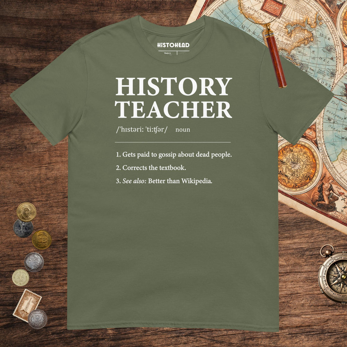 Military Green History Teacher Definition Tee - history buff gift by HistoHead