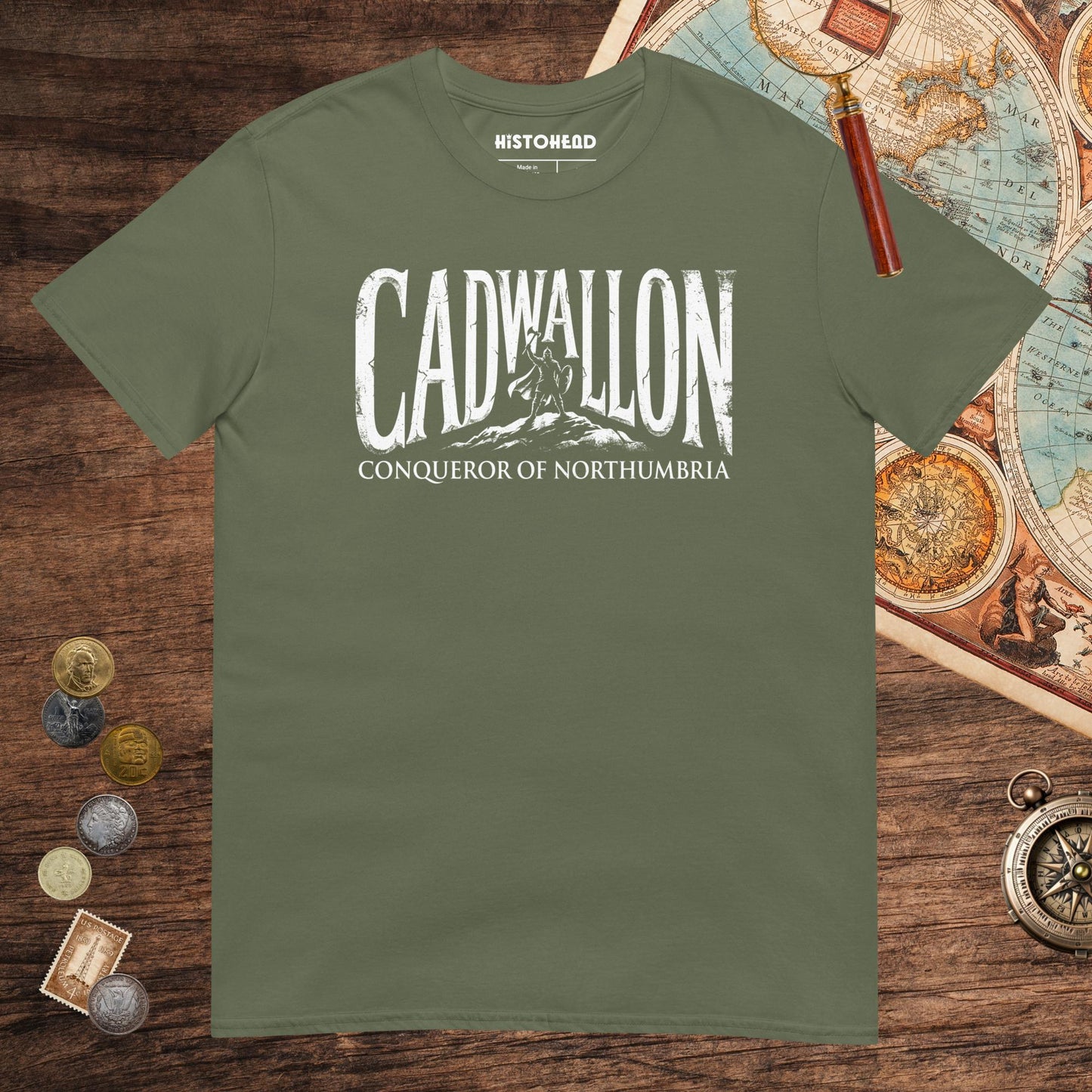 Military Green Cadwallon Conqueror of Northumbria Tee - history buff gift by HistoHead