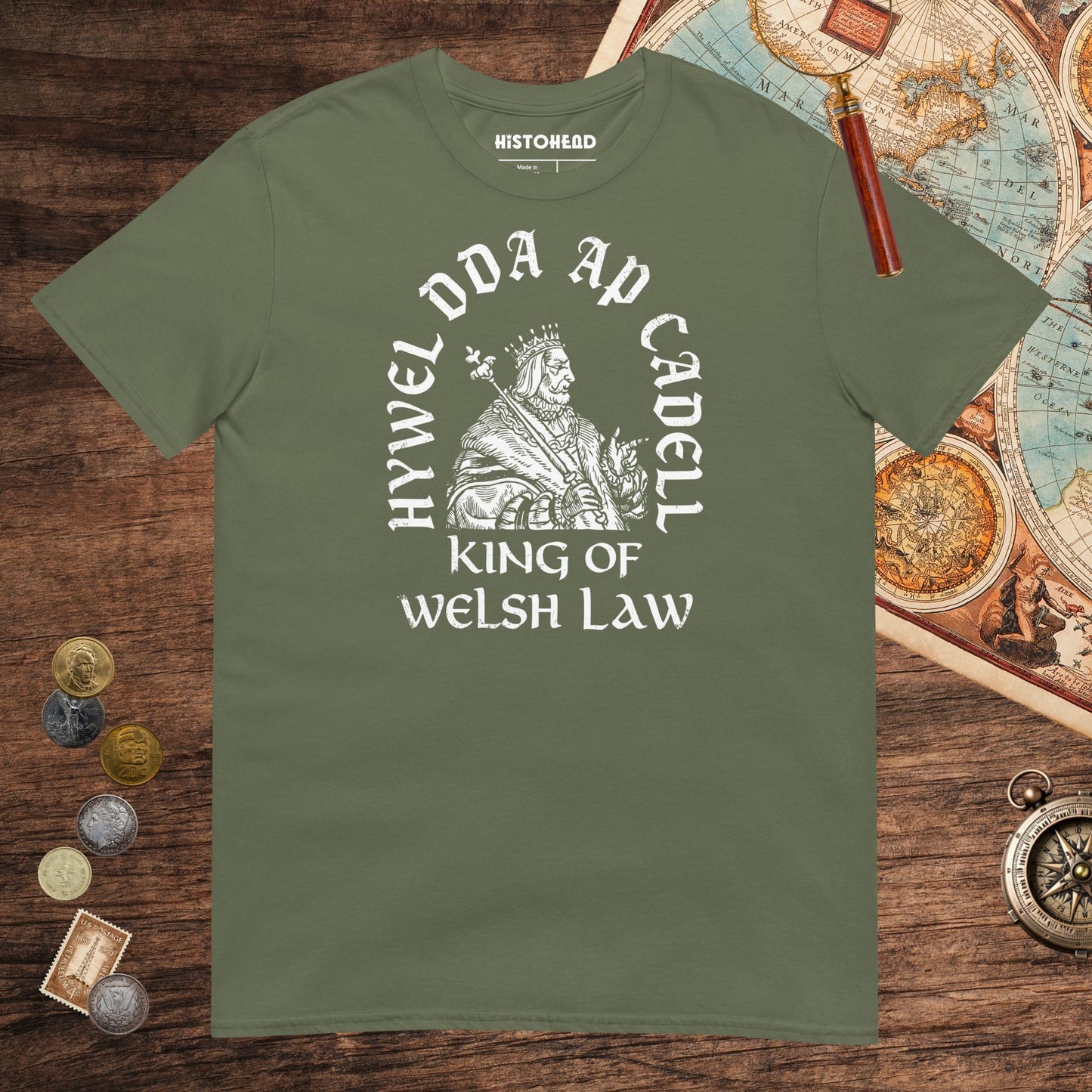 Military Green Hywel Dda King of Welsh Law Tee - history buff gift by HistoHead