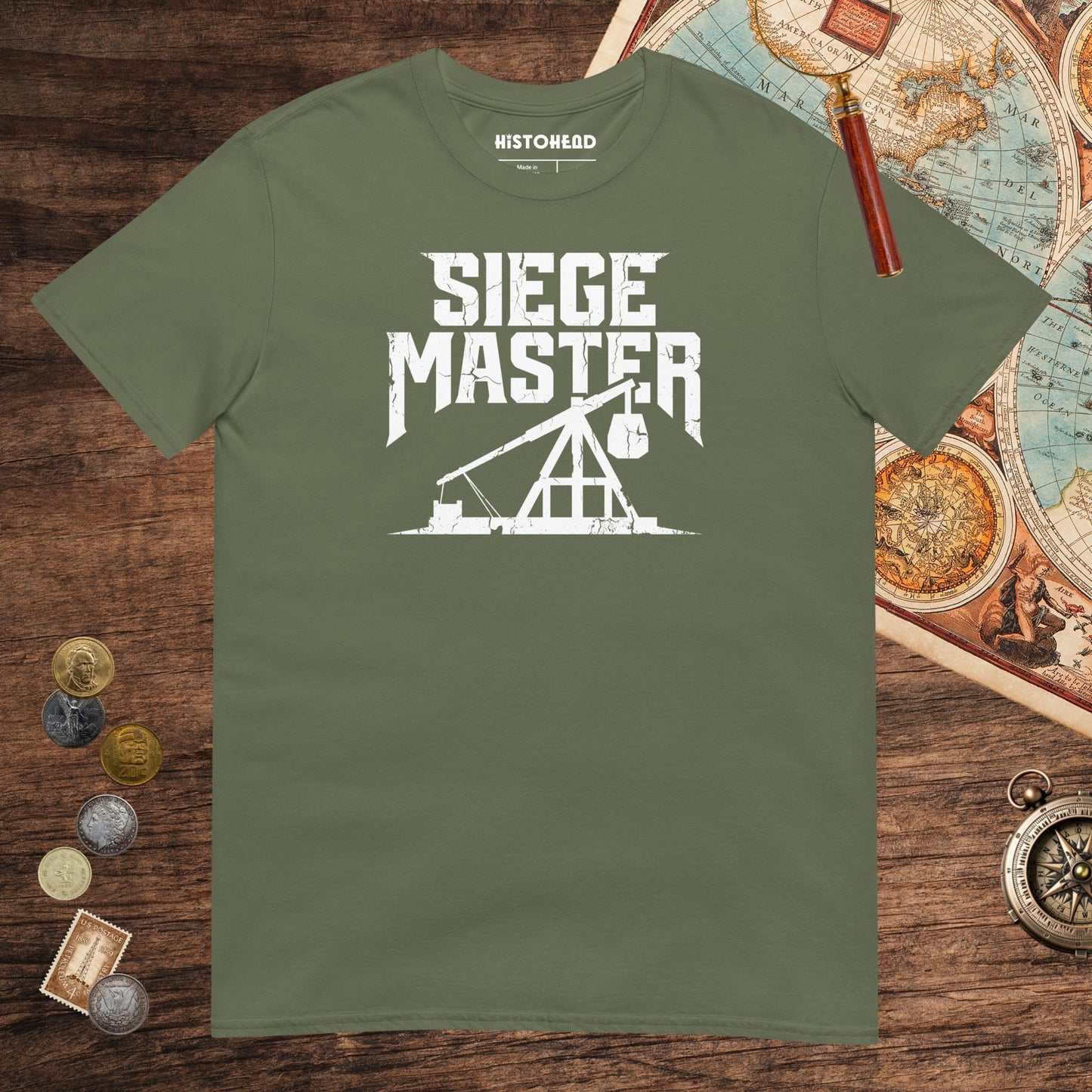 Military Green Siege Master Trebuchet Tee - history buff gift by HistoHead